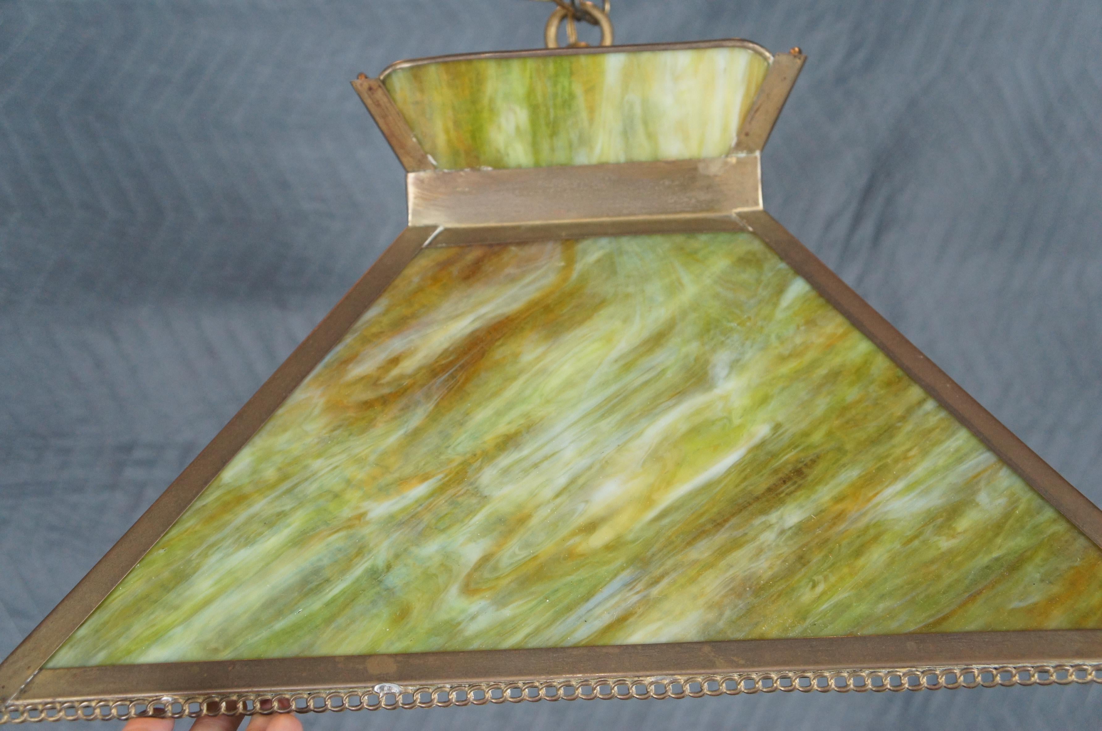 Brass Antique Arts & Crafts Green Slag Glass Swag Pendant Light Chandelier Shade 18