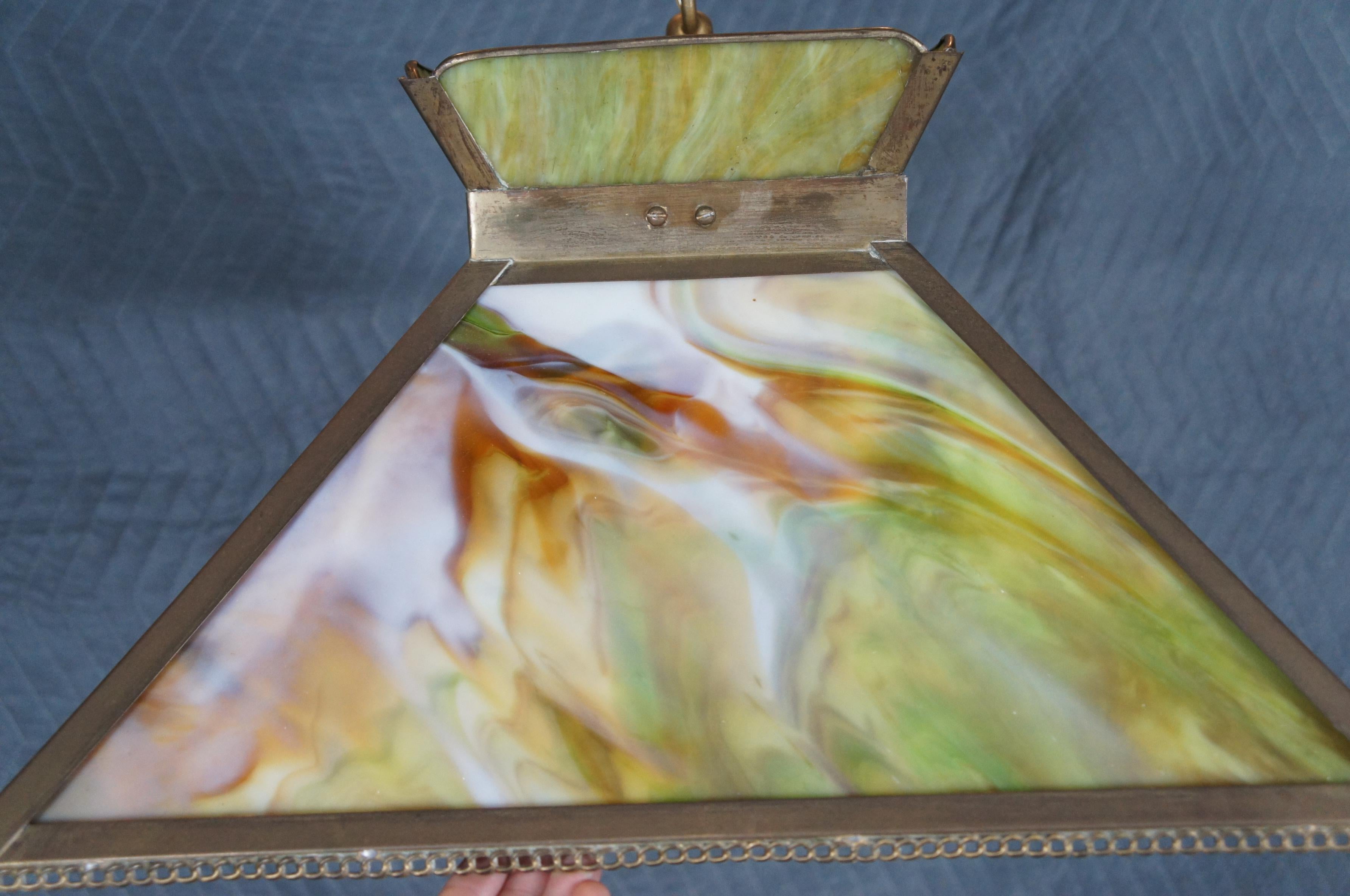 Antique Arts & Crafts Green Slag Glass Swag Pendant Light Chandelier Shade 18