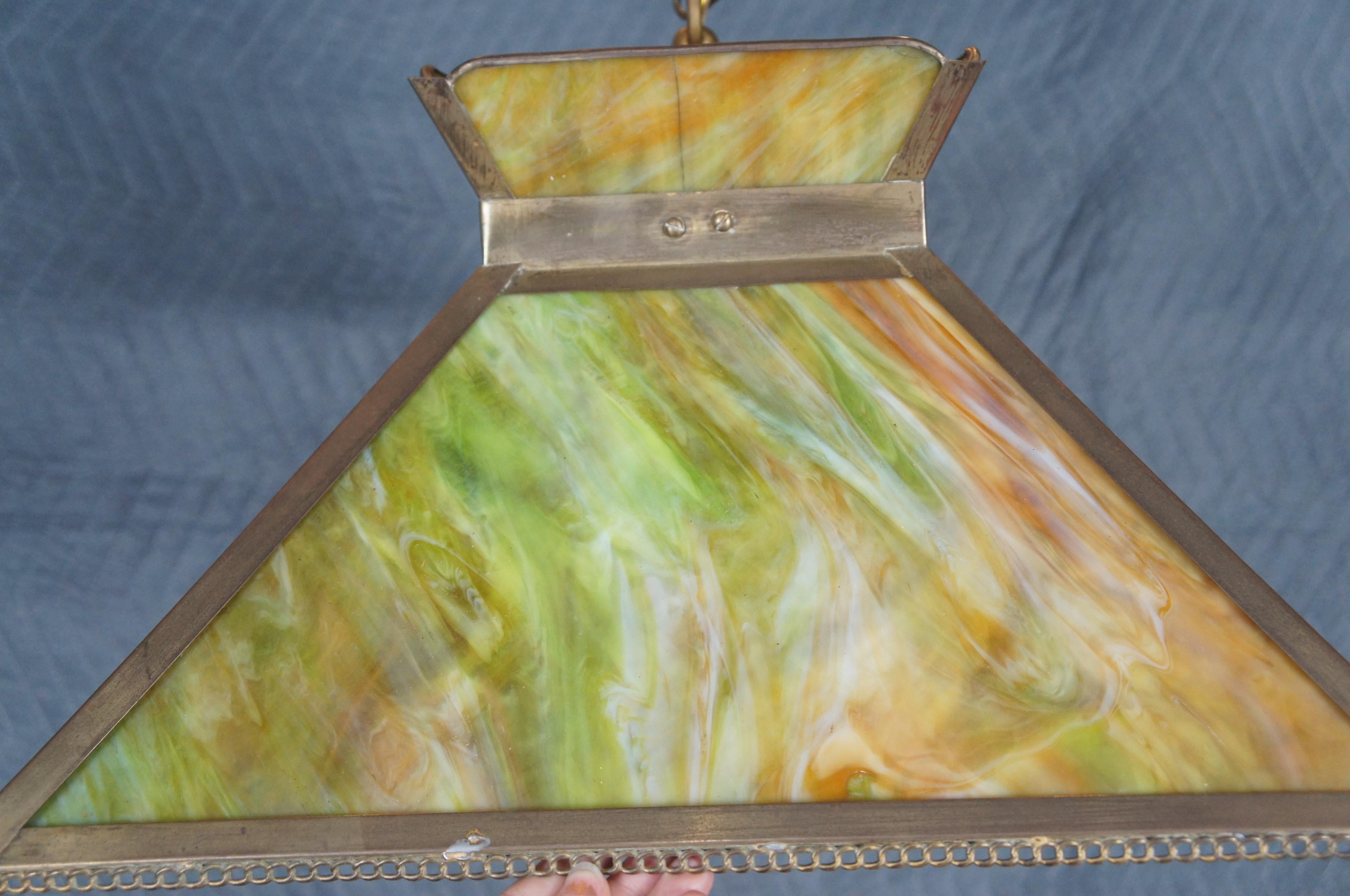 Antique Arts & Crafts Green Slag Glass Swag Pendant Light Chandelier Shade 18