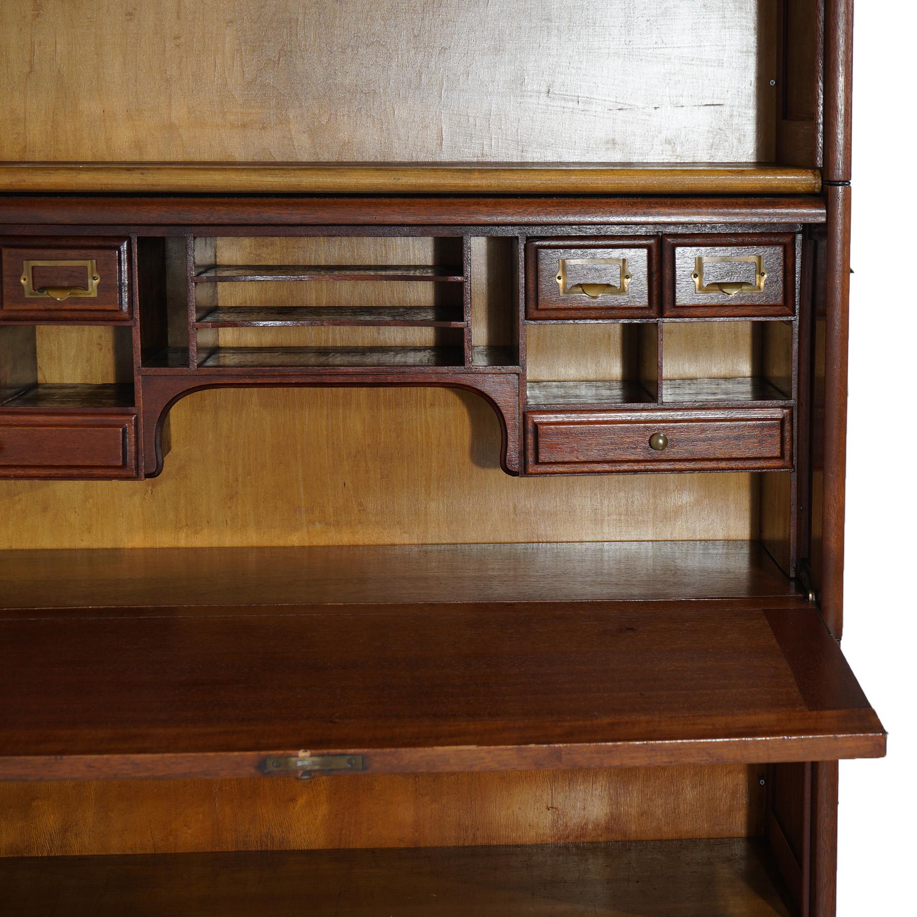 Antique Arts & Crafts Gunn Mahogany & Leaded Glass Barrister Bookcase Secretary For Sale 3
