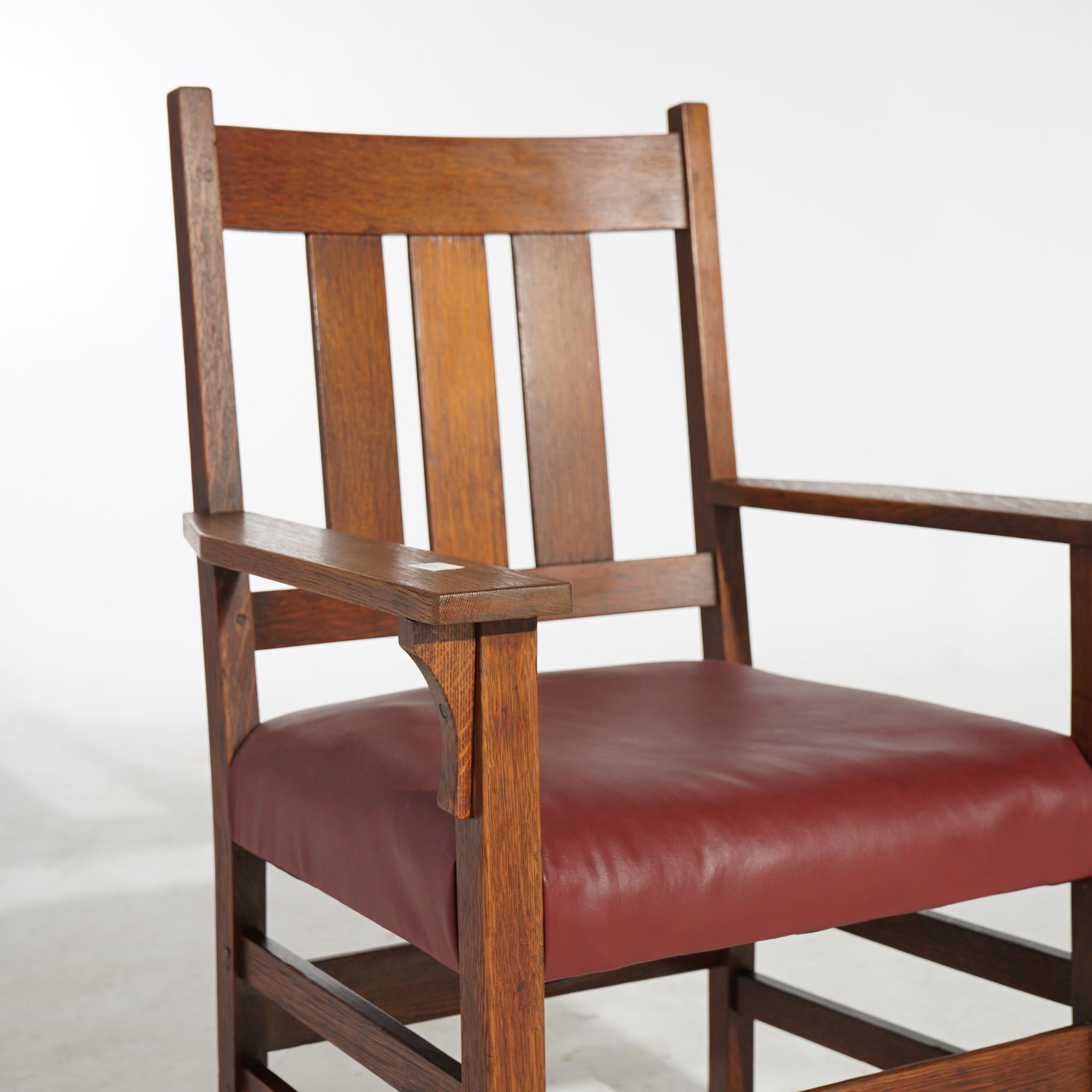 Antique Arts & Crafts Gustav Stickley Oak Armchair circa 1910, Signed In Good Condition In Big Flats, NY