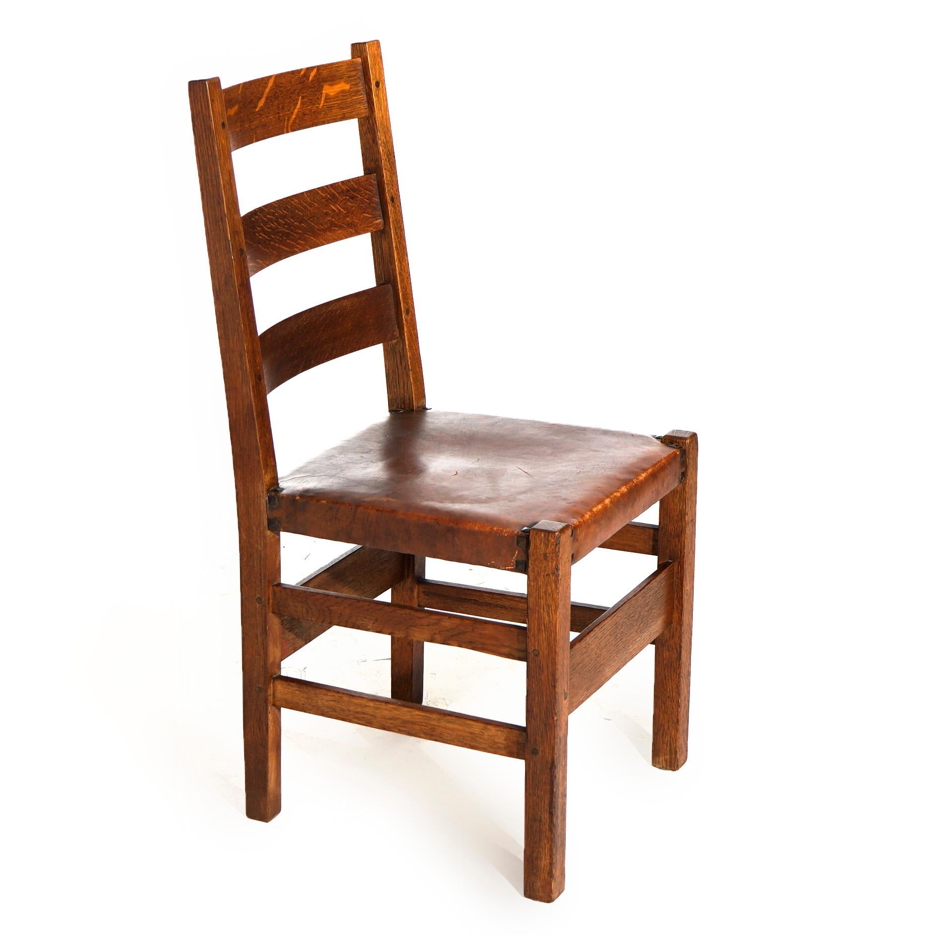 20th Century Antique Arts & Crafts Gustav Stickley Oak Chairs, Original Seats, Signed, c1910