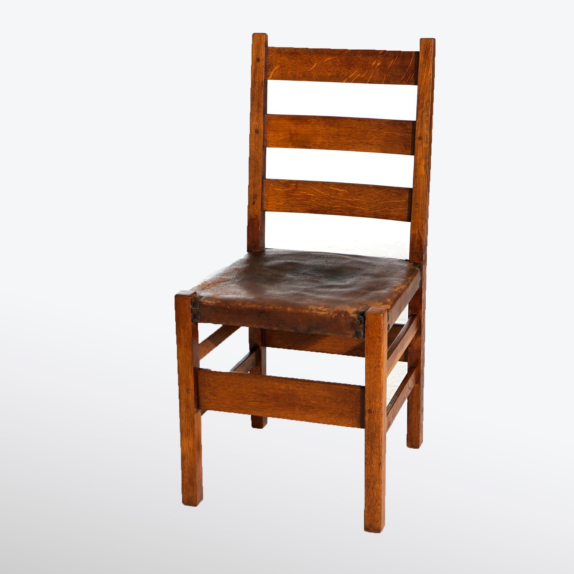 Leather Antique Arts & Crafts Gustav Stickley Oak Chairs, Original Seats, Signed, c1910