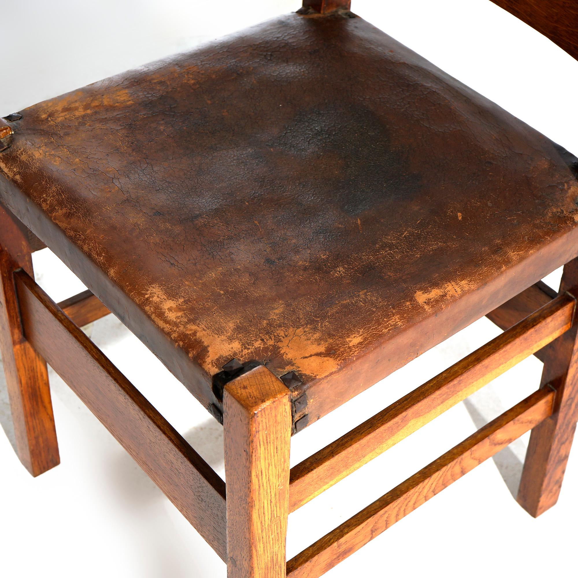 Antique Arts & Crafts Gustav Stickley Oak Chairs, Original Seats, Signed, c1910 2