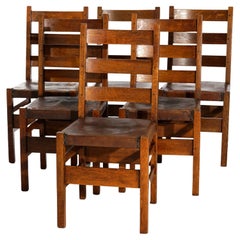 Antique Arts & Crafts Gustav Stickley Oak Chairs, Original Seats, Signed, c1910