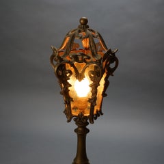 Antique Arts & Crafts Hammered Amber Glass Torchiere Table Lamp c1920
