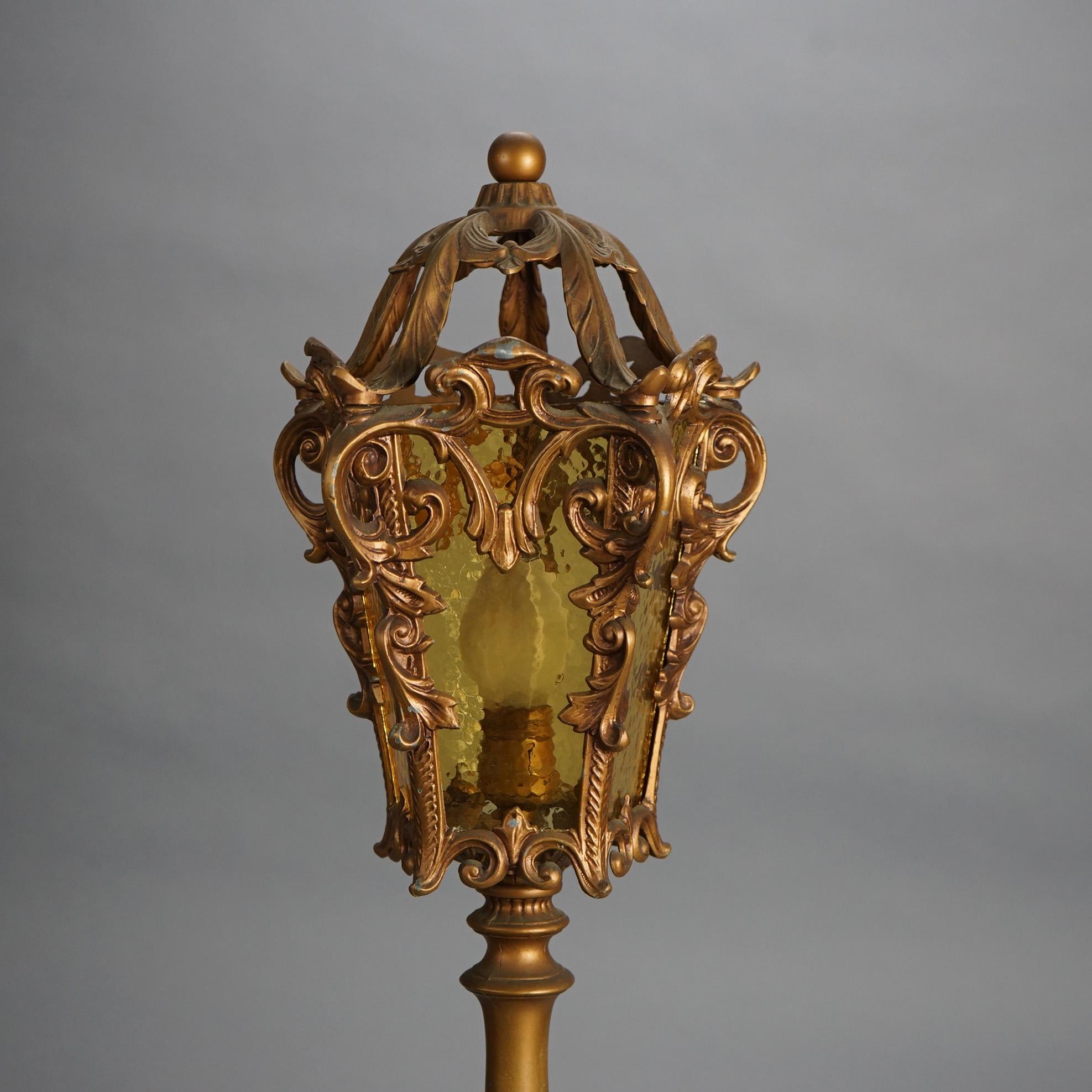 American Antique Arts & Crafts Hammered Amber Glass Torchiere Table Lamp c1920 For Sale