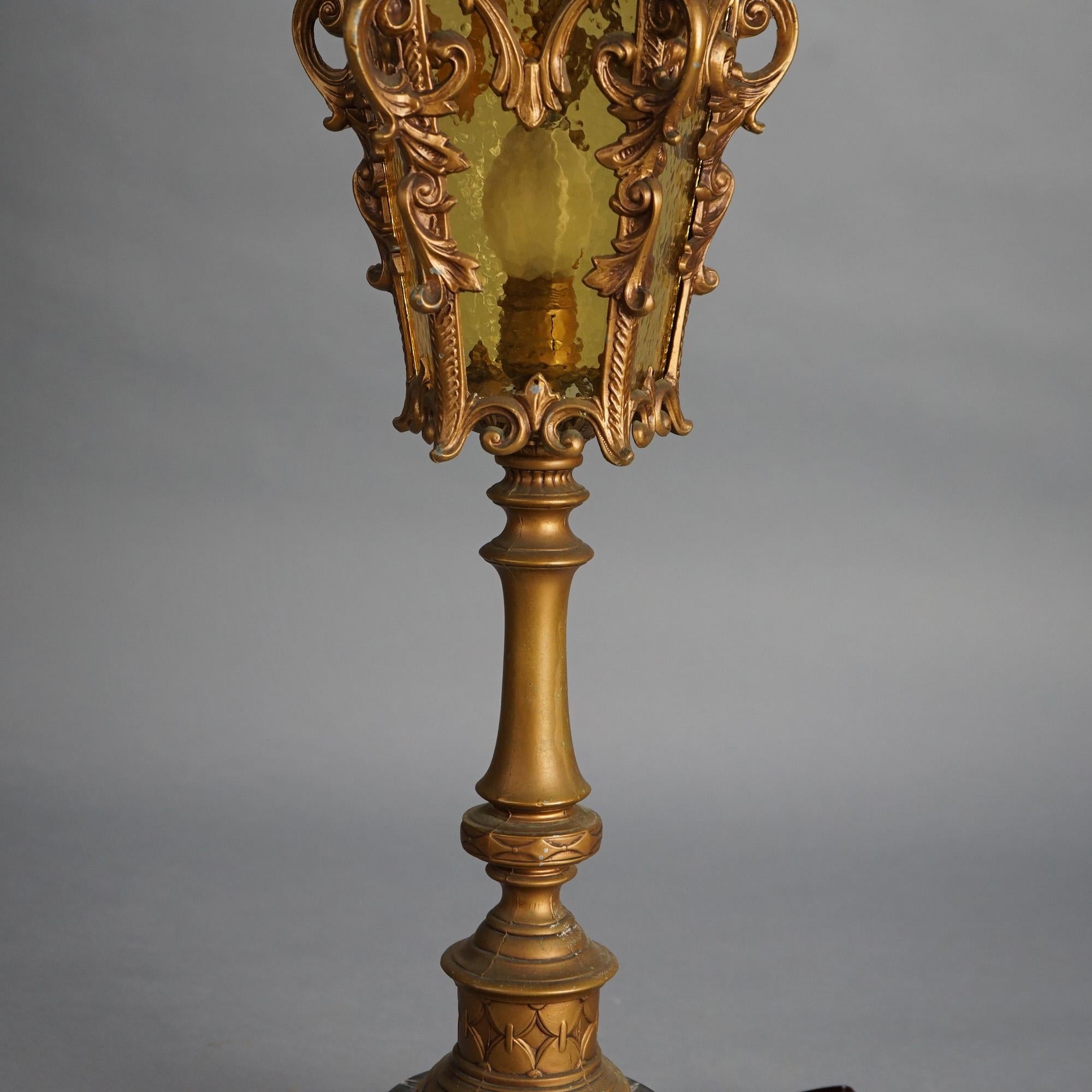20th Century Antique Arts & Crafts Hammered Amber Glass Torchiere Table Lamp c1920 For Sale