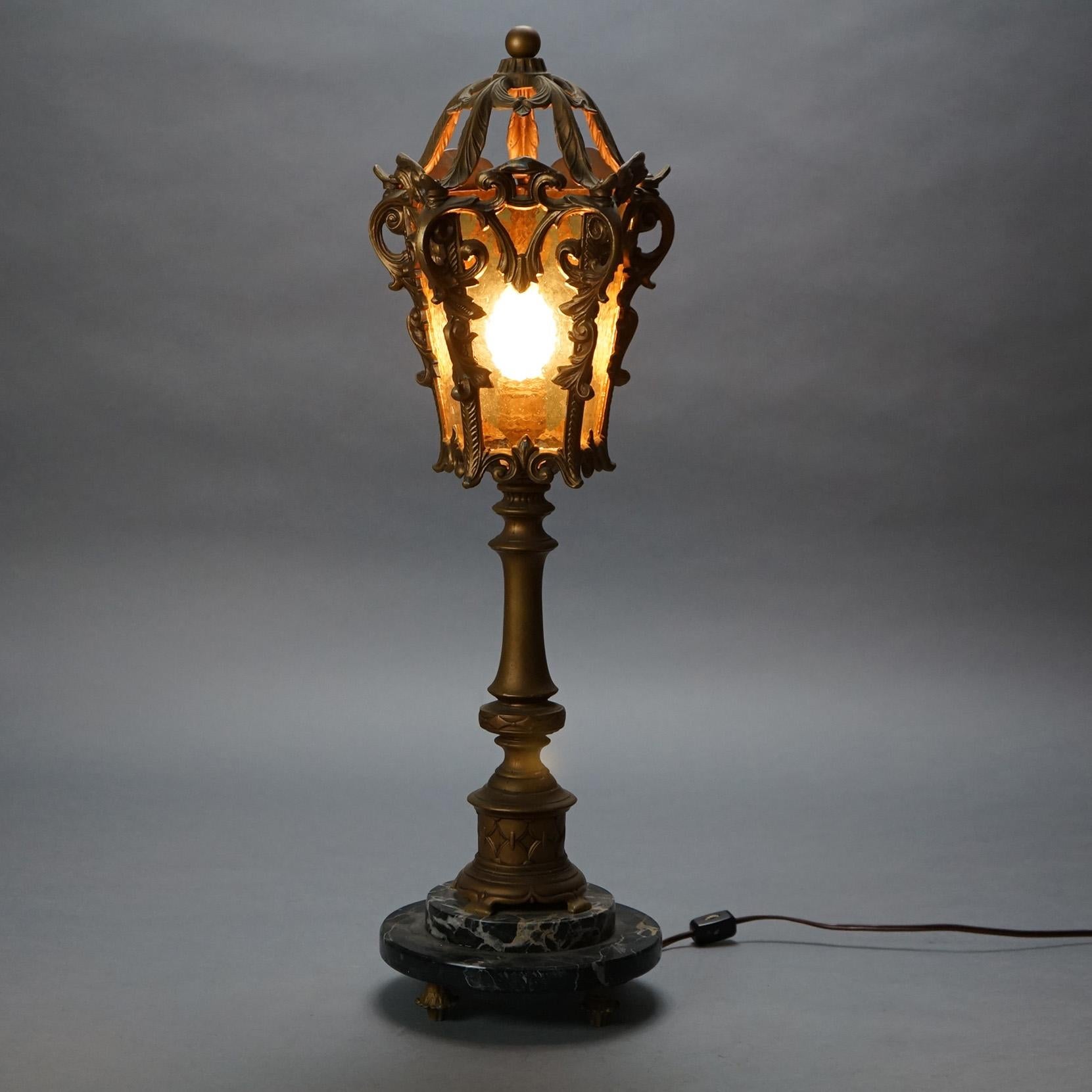 Antique Arts & Crafts Hammered Amber Glass Torchiere Table Lamp c1920 For Sale 1