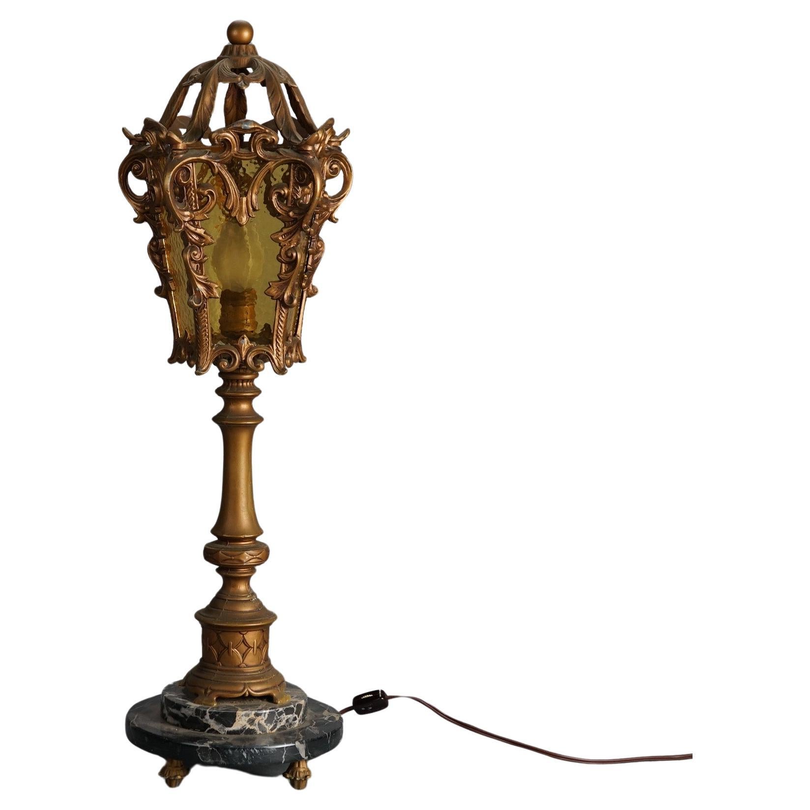Antique Arts & Crafts Hammered Amber Glass Torchiere Table Lamp c1920 For Sale