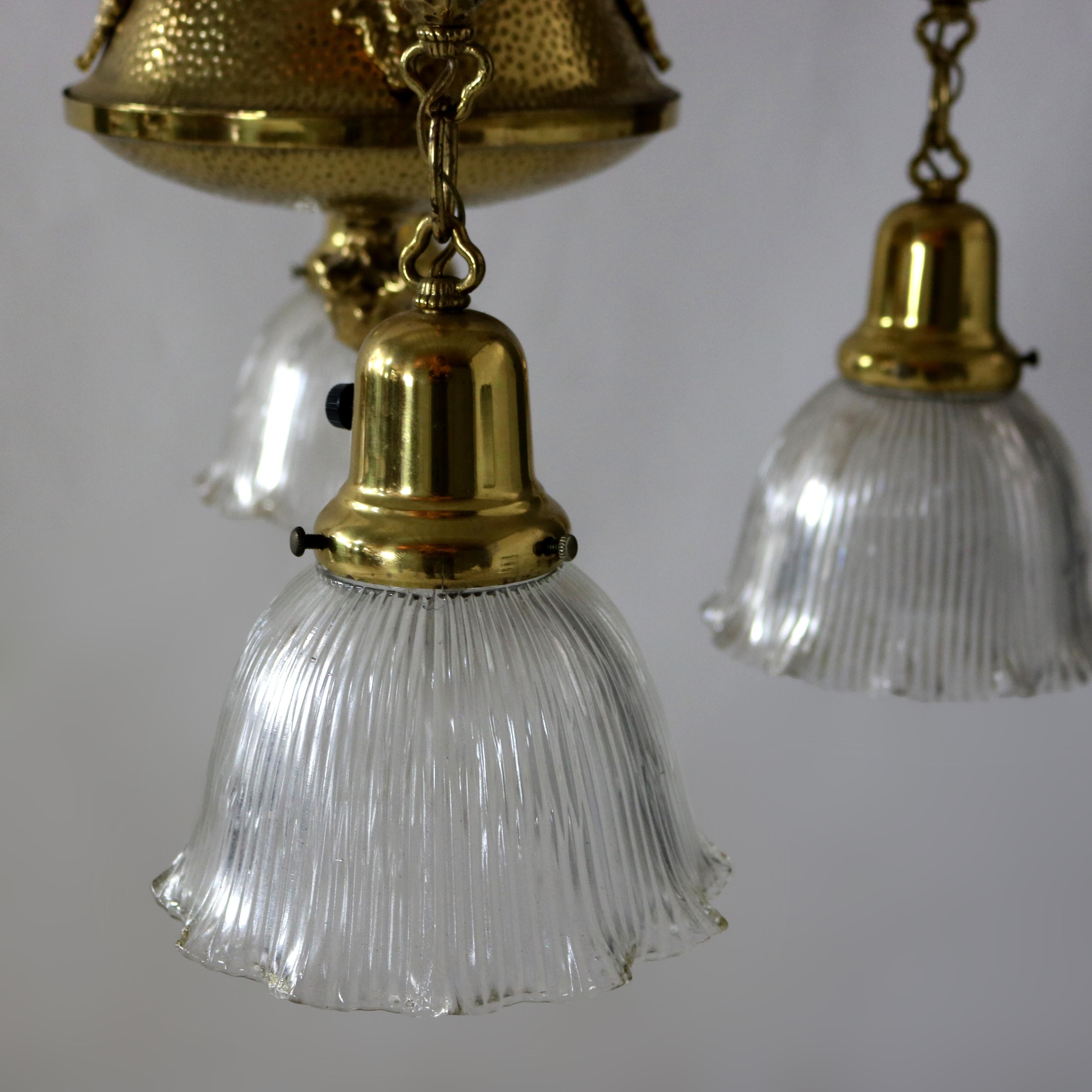 Antique Arts & Crafts Hammered Brass Chandelier with Glass Shades C1920 For Sale 4