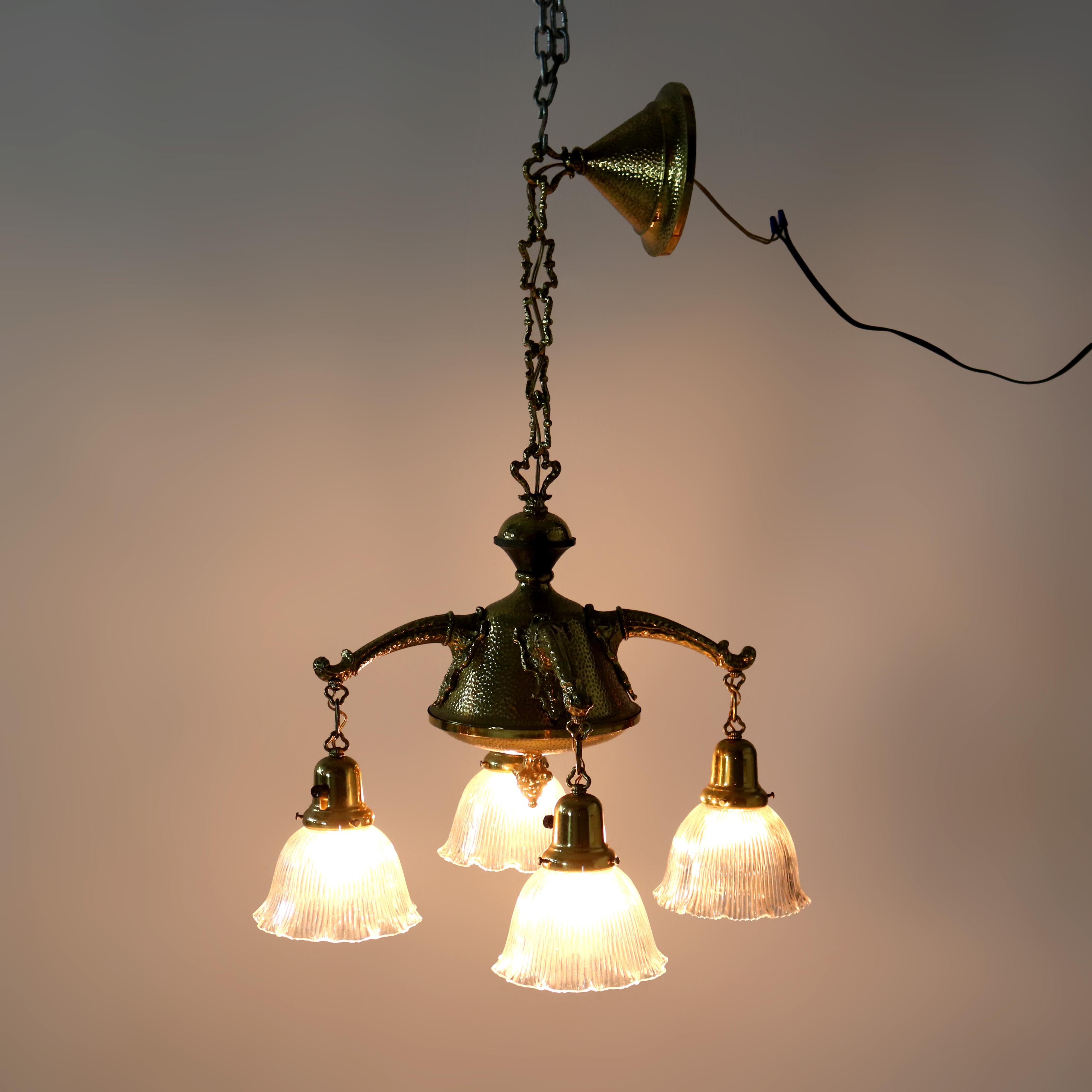 Antique Arts & Crafts Hammered Brass Chandelier with Glass Shades C1920

Measures - 35.5