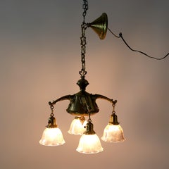 Antique Arts & Crafts Hammered Brass Chandelier with Glass Shades C1920