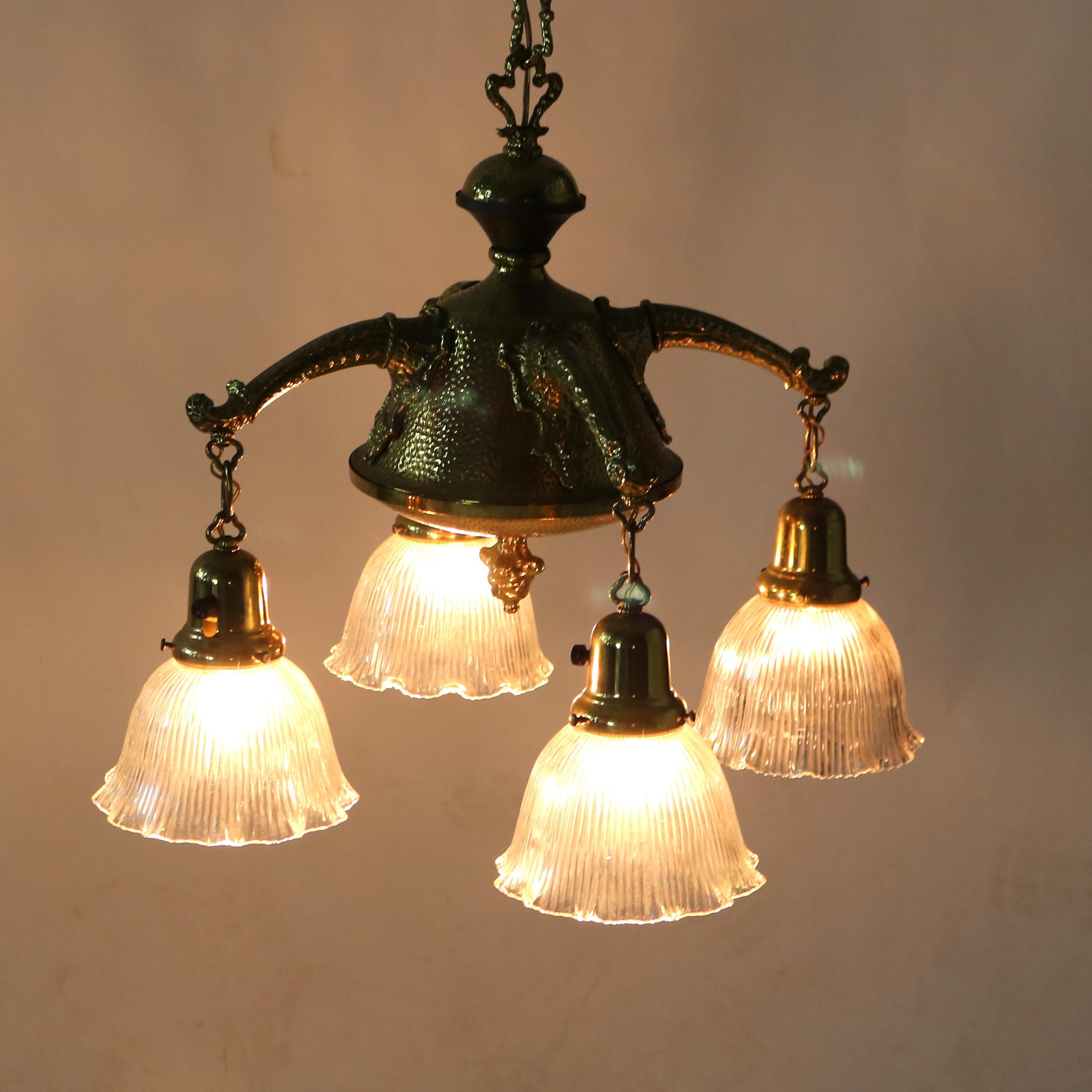 Arts and Crafts Antique Arts & Crafts Hammered Brass Chandelier with Glass Shades C1920 For Sale