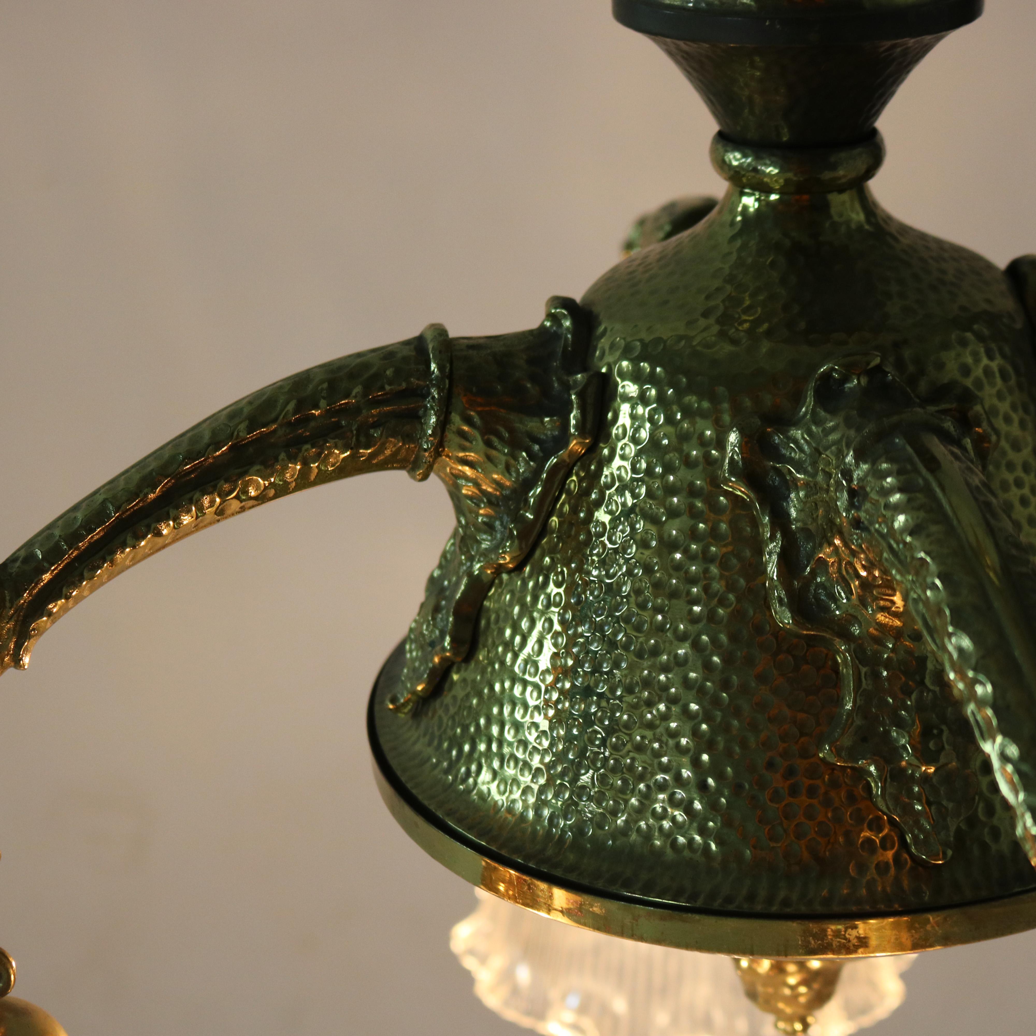 American Antique Arts & Crafts Hammered Brass Chandelier with Glass Shades C1920 For Sale