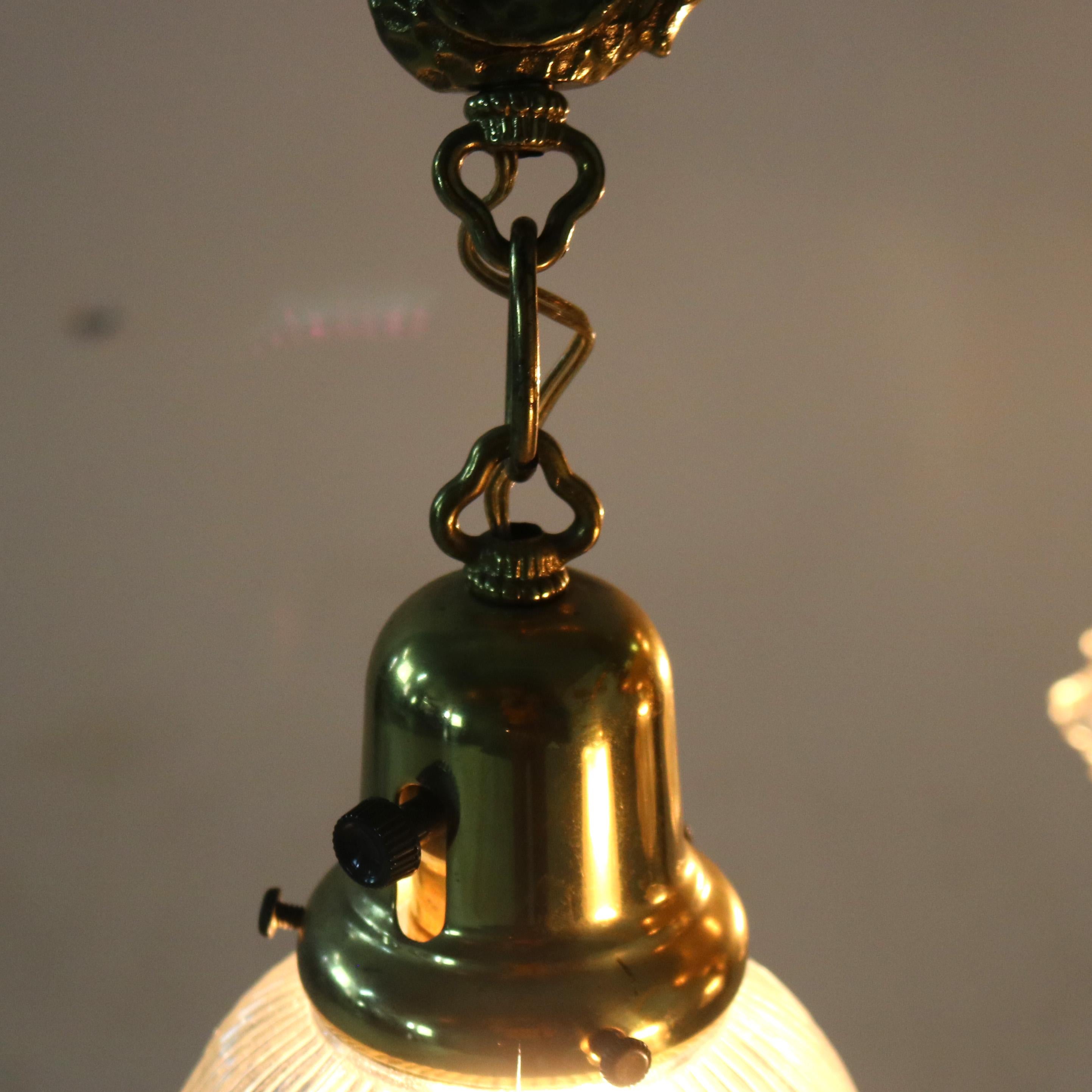 Antique Arts & Crafts Hammered Brass Chandelier with Glass Shades C1920 In Good Condition For Sale In Big Flats, NY