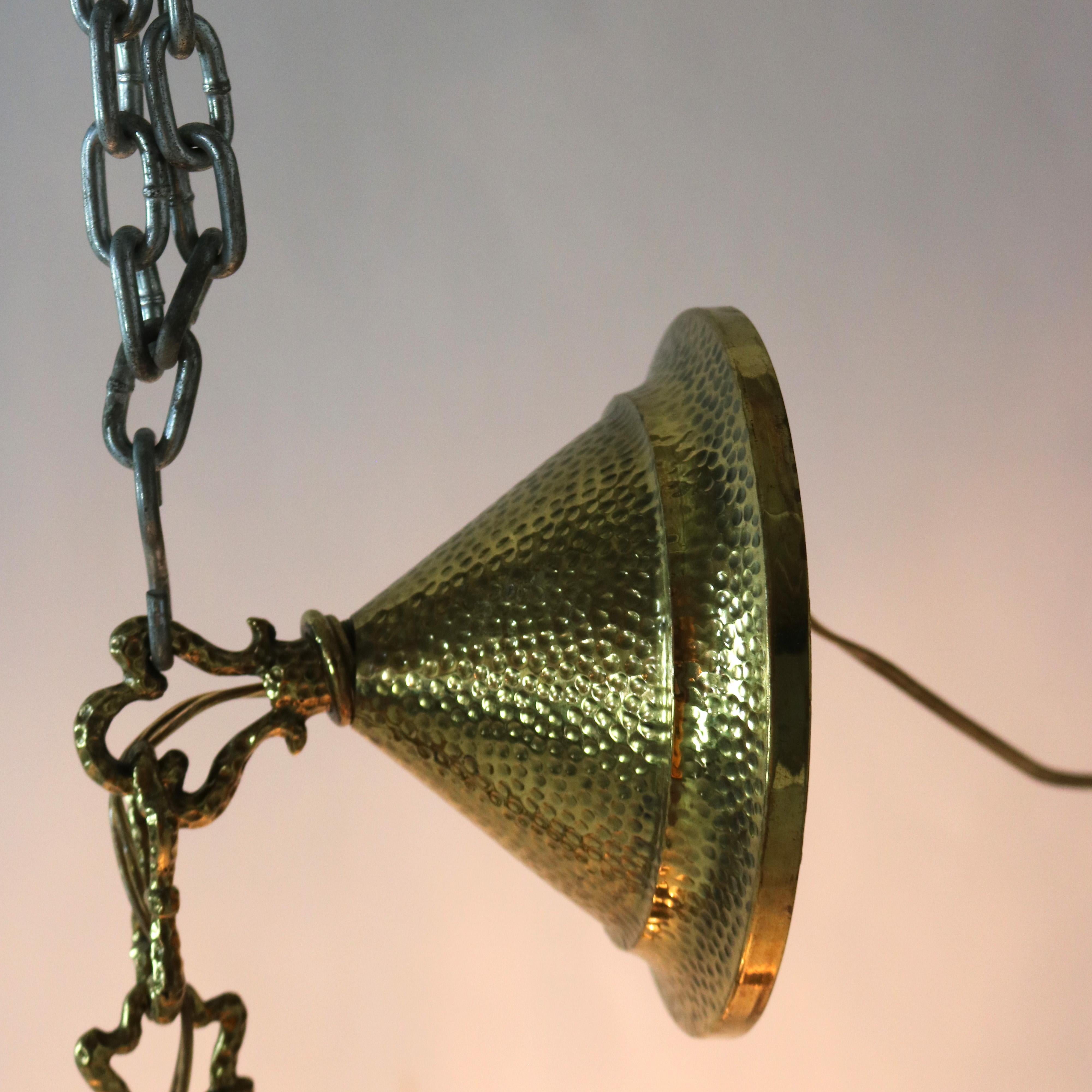 20th Century Antique Arts & Crafts Hammered Brass Chandelier with Glass Shades C1920 For Sale