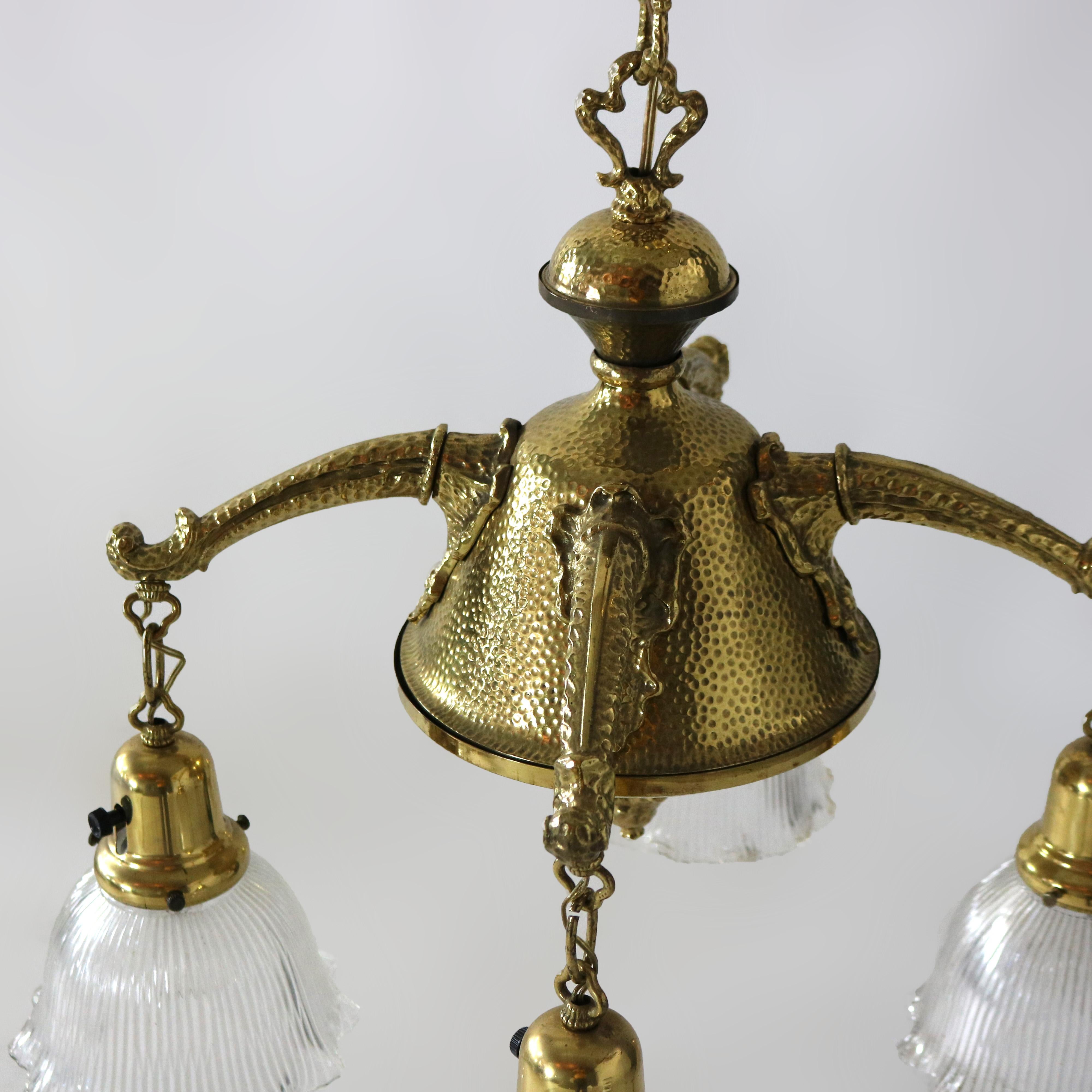 Antique Arts & Crafts Hammered Brass Chandelier with Glass Shades C1920 For Sale 2