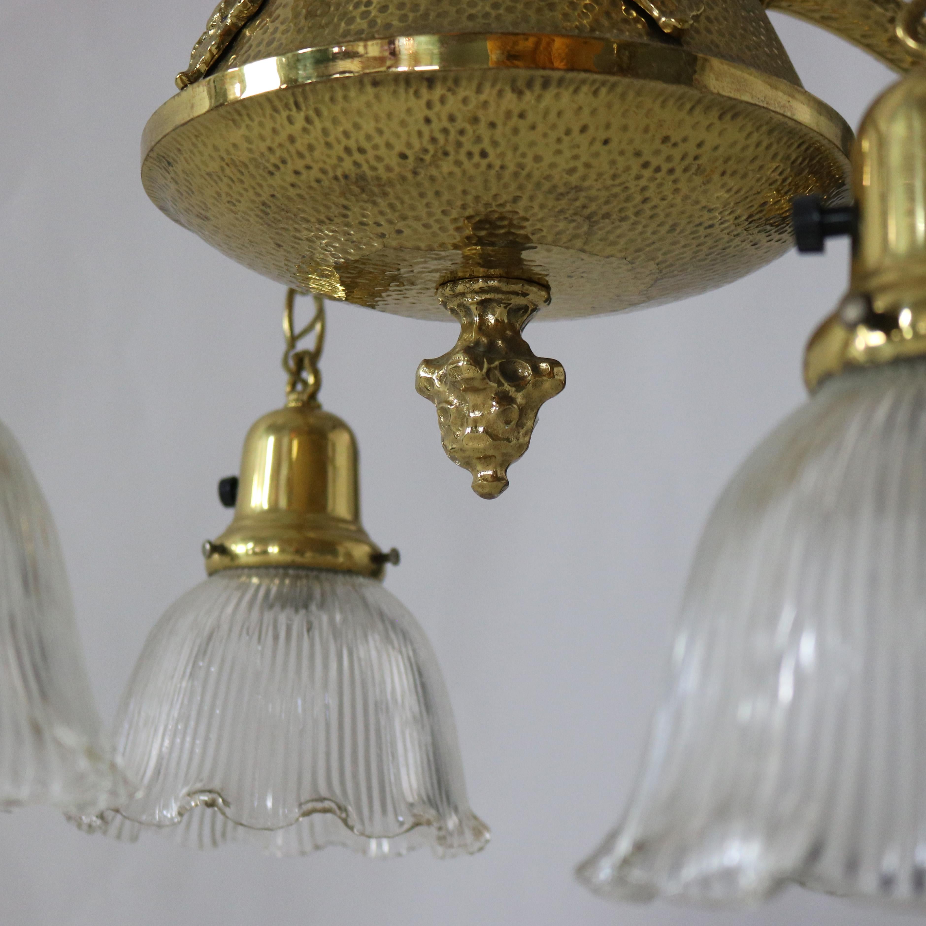 Antique Arts & Crafts Hammered Brass Chandelier with Glass Shades C1920 For Sale 3