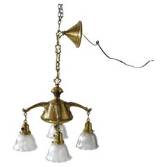 Antique Arts & Crafts Hammered Brass Chandelier with Glass Shades C1920