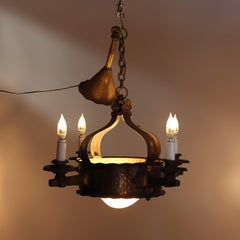 Antique Arts & Crafts Hammered Metal 4 Light Chandelier C1920