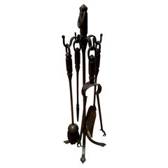 Antique Arts & Crafts, Hand Forged Wrought Iron Fireplace Tools Set 