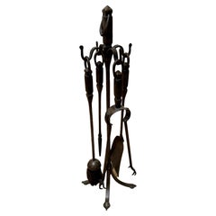 Antique Arts & Crafts, Hand Forged Wrought Iron Fireplace Tools Set