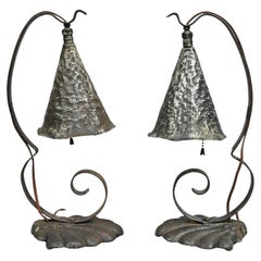 Antique Arts & Crafts Hand Hammered Metal Small Lantern Table Lamps - a Pair