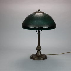 Antique Arts & Crafts Handel Emerald Green Chipped Ice Shade Table Lamp, c1920