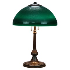 Antique Arts & Crafts Handel Emerald Green Chipped Ice Shade Table Lamp:: c1920