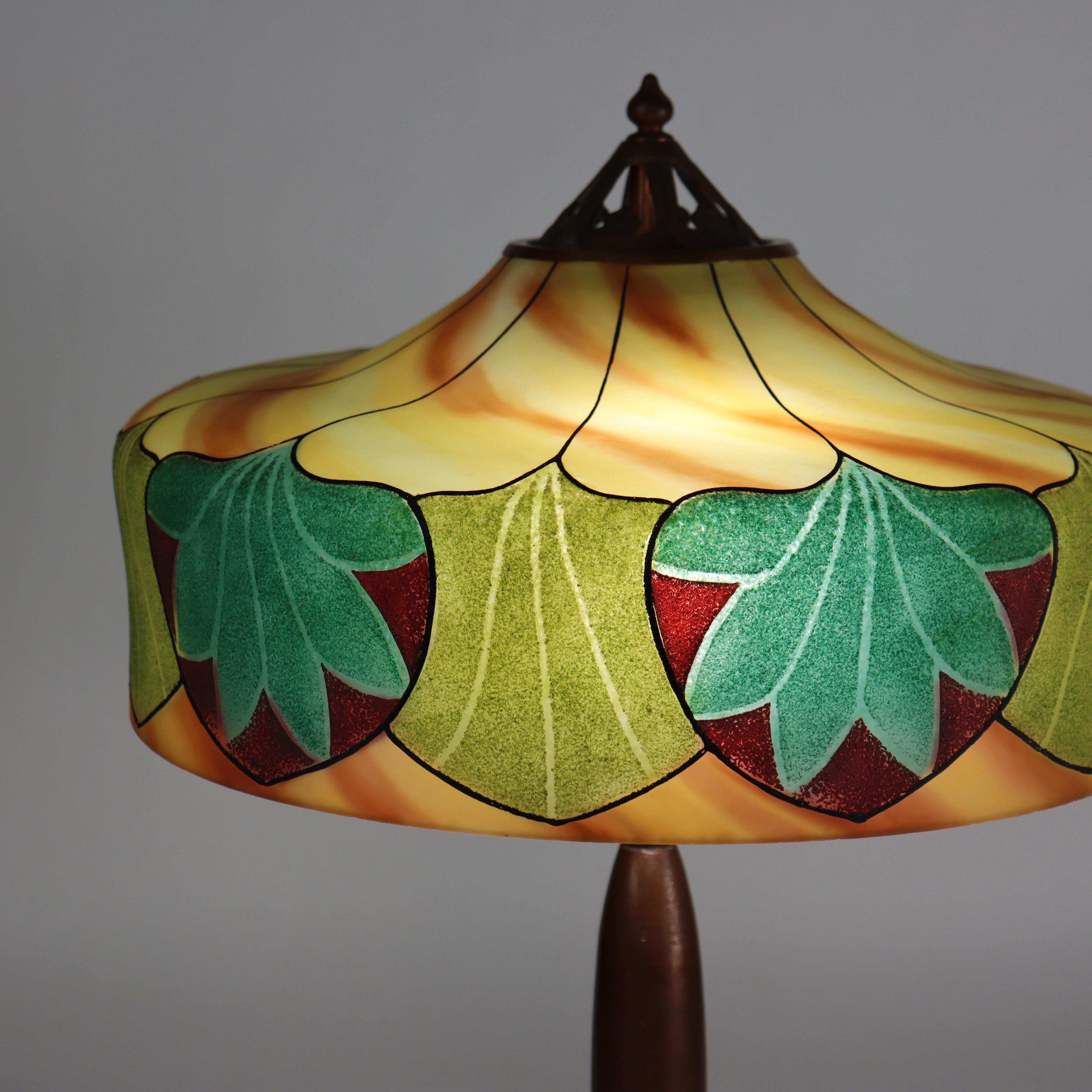 Antique Arts & Crafts Handel Reverse Painted Stylized Foliage Table Lamp c1920 Vidrio en venta