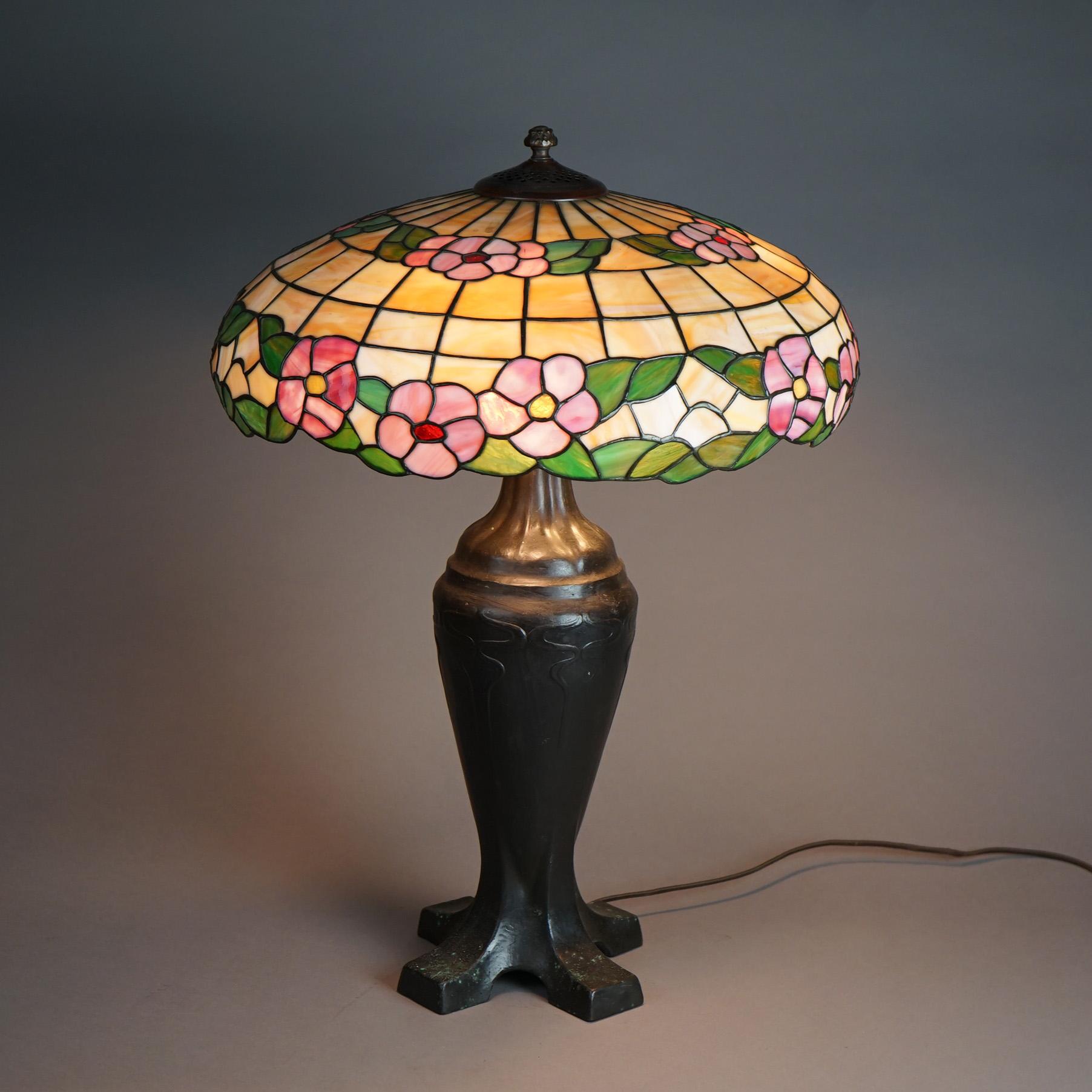 Arts and Crafts Antique Arts & Crafts Handel Style Leaded Glass Table Lamp on Bronze Base c1920 For Sale