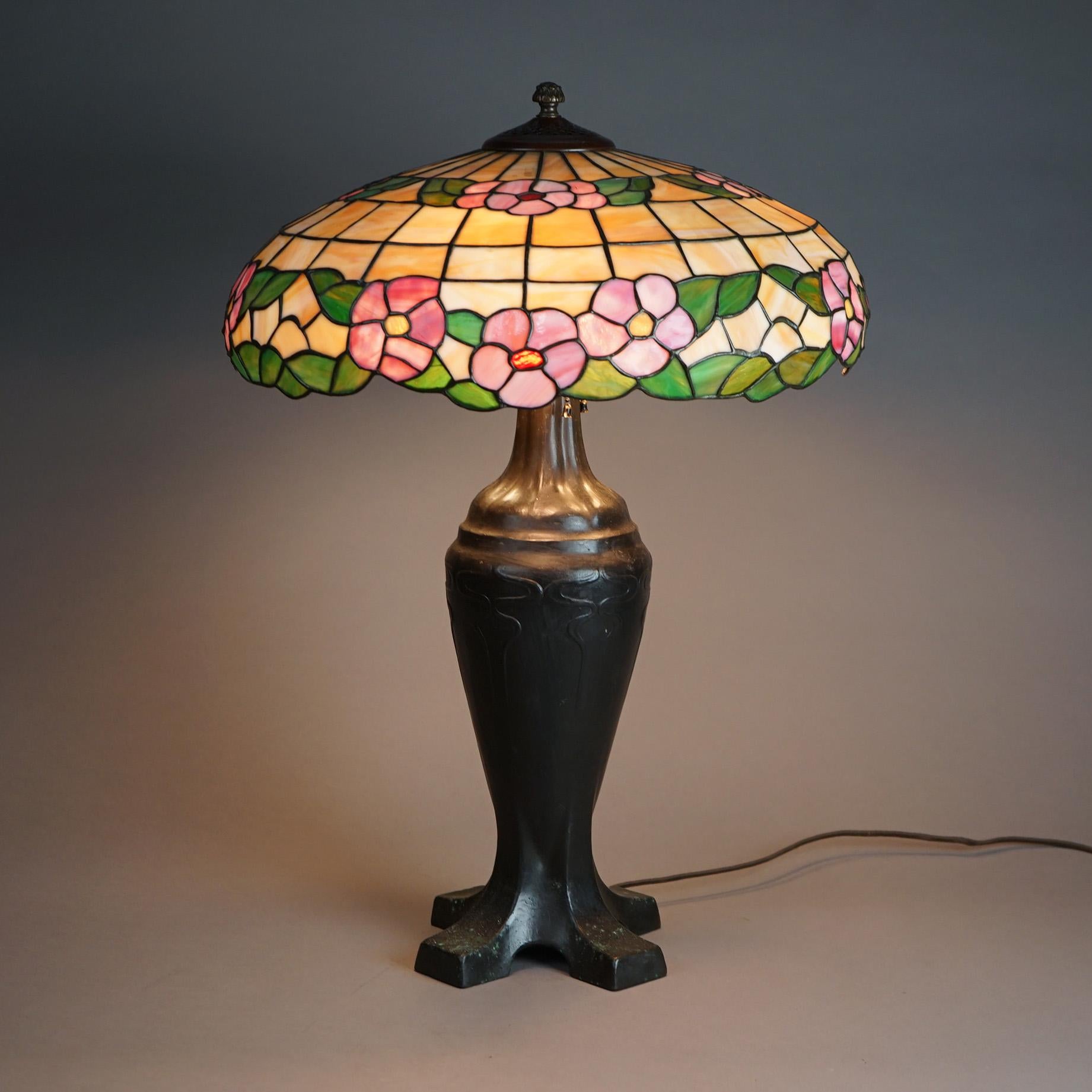 American Antique Arts & Crafts Handel Style Leaded Glass Table Lamp on Bronze Base c1920 For Sale