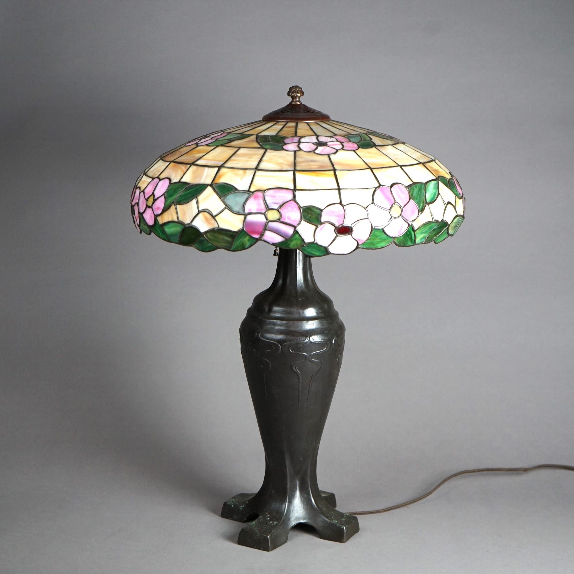 20th Century Antique Arts & Crafts Handel Style Leaded Glass Table Lamp on Bronze Base c1920 For Sale