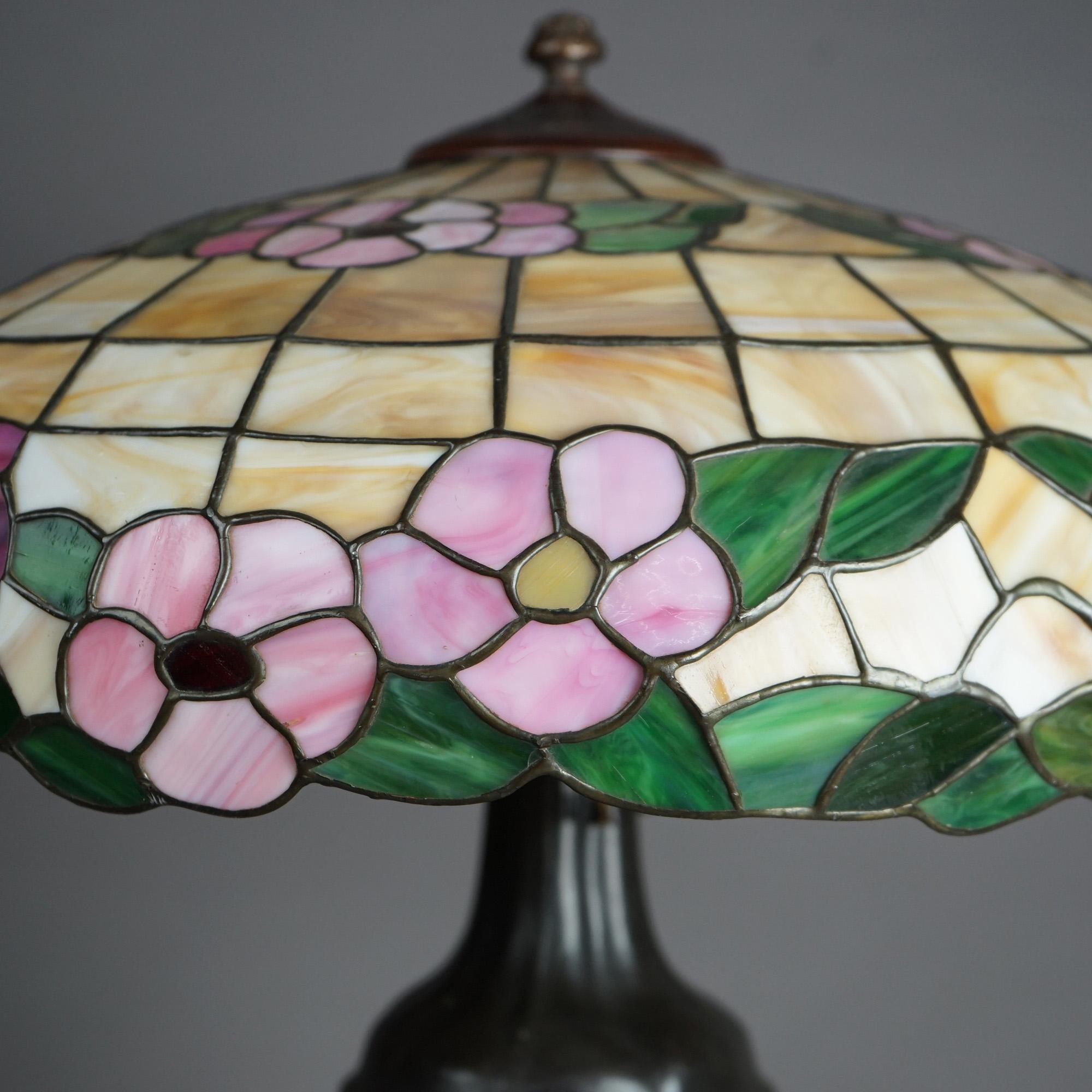 Antique Arts & Crafts Handel Style Leaded Glass Table Lamp on Bronze Base c1920 1
