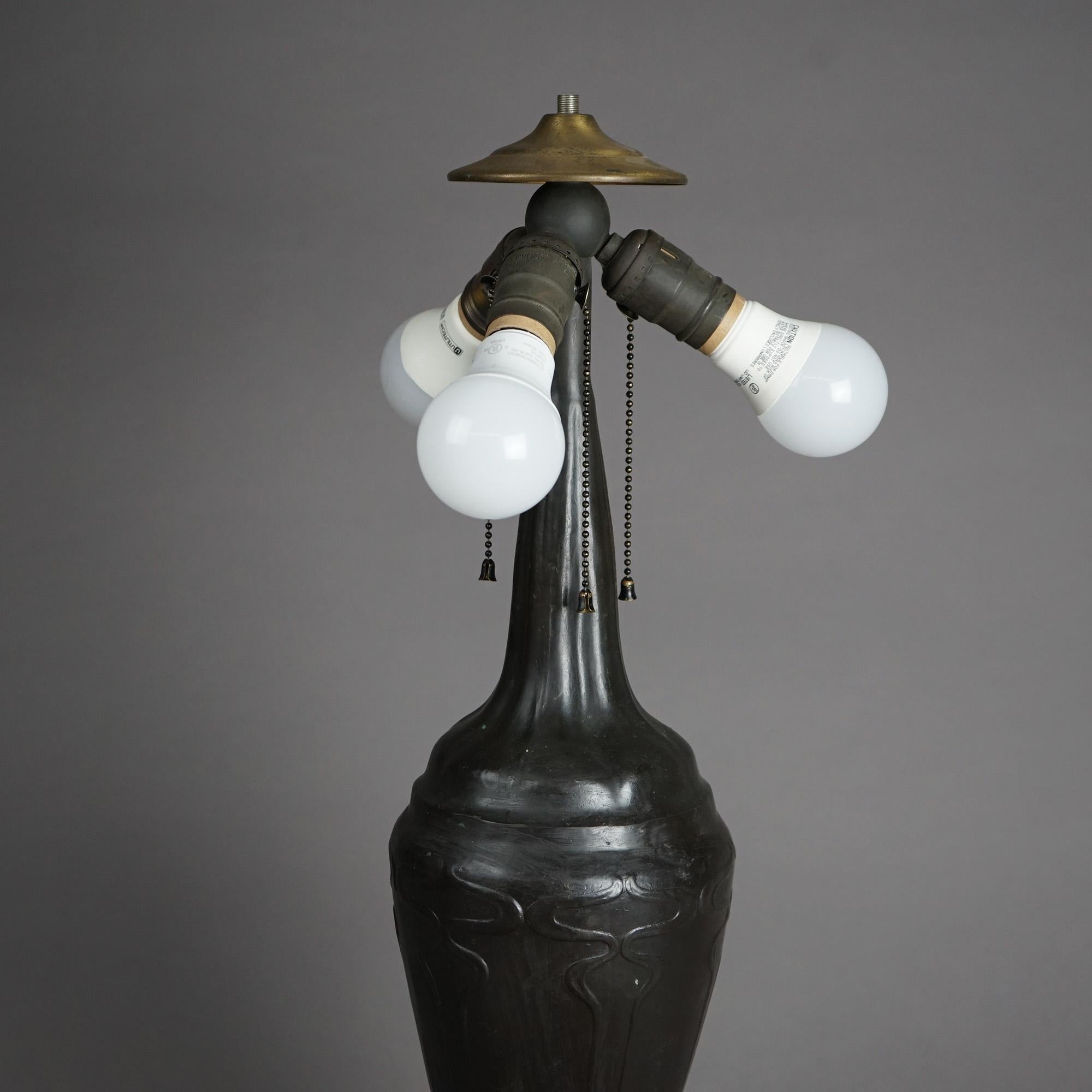 Antique Arts & Crafts Handel Style Leaded Glass Table Lamp on Bronze Base c1920 2