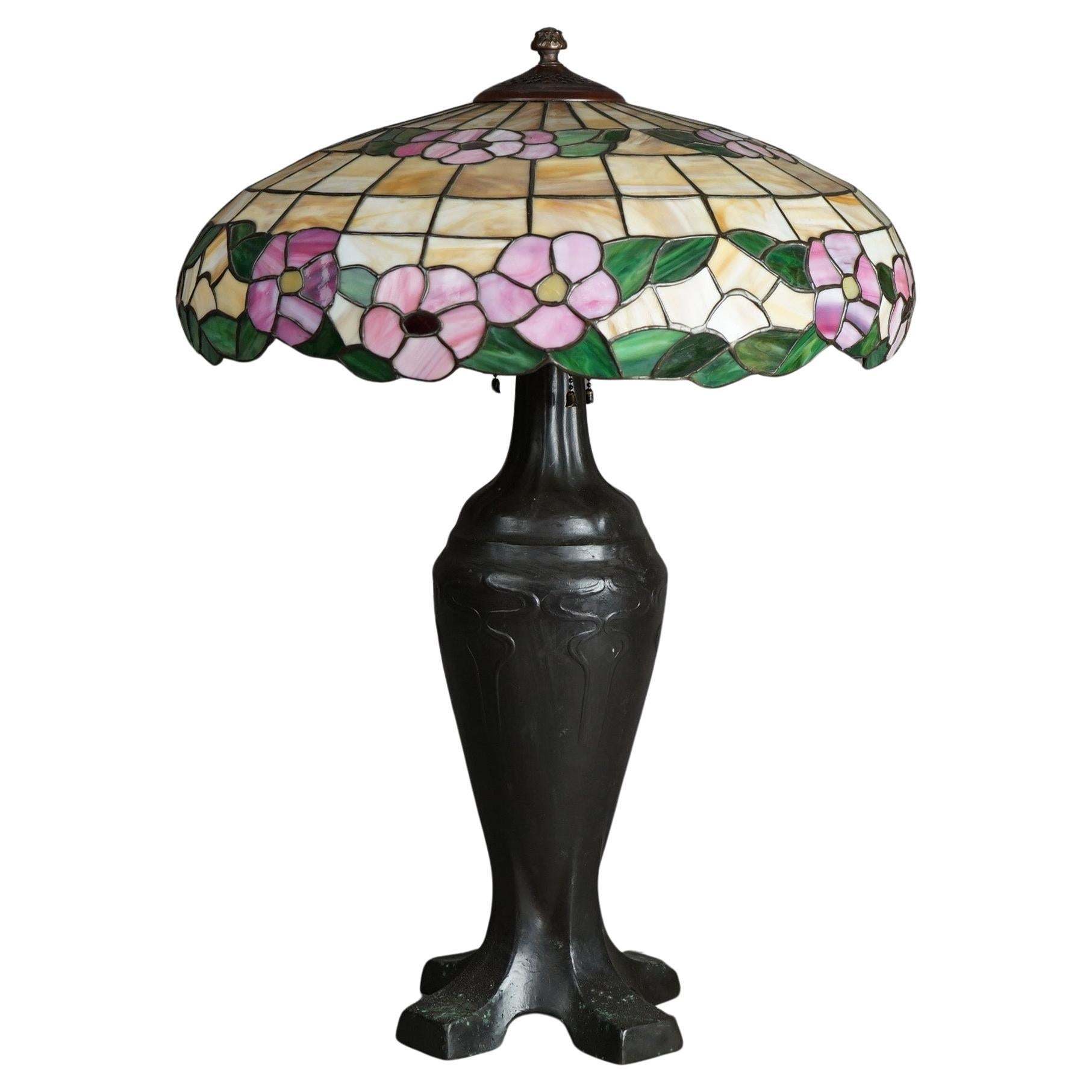 Antique Arts & Crafts Handel Style Leaded Glass Table Lamp on Bronze Base c1920 For Sale