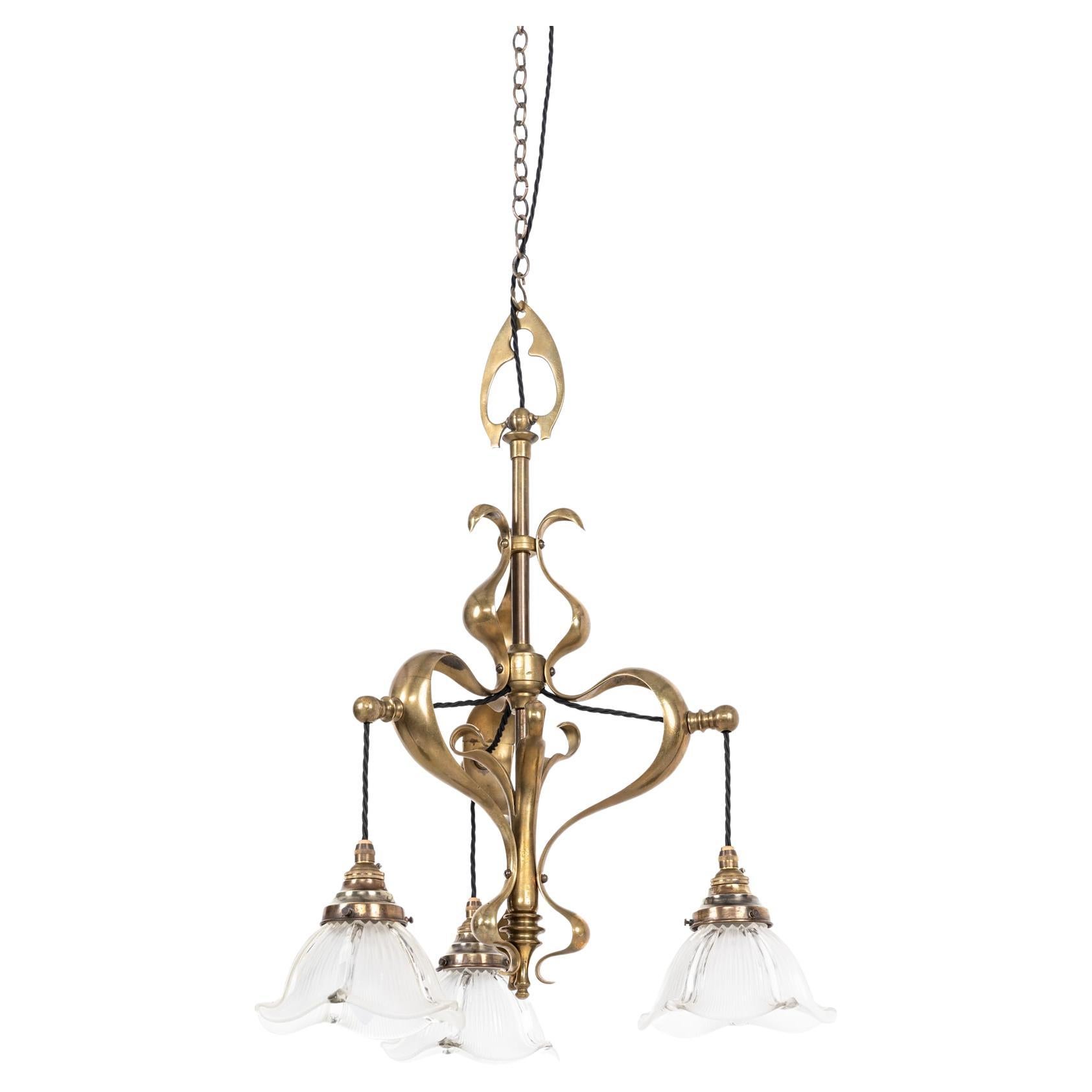 Antique Arts & Crafts Hinks Brass Holophane Glass Light Chandelier. C.1900
