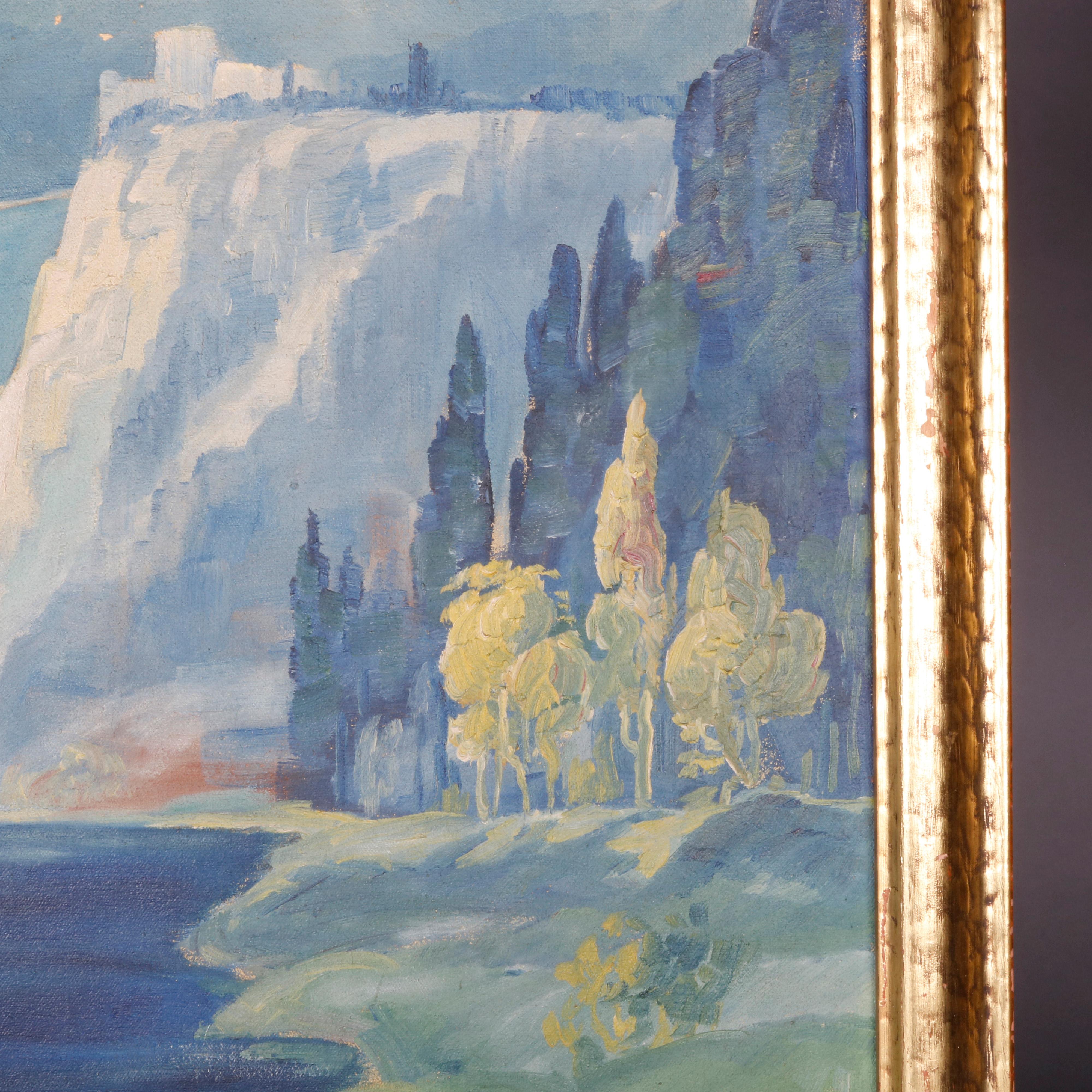 An Arts & Crafts impressionist oil on canvas landscape painting depicts river scene in mountainous setting having cliffs with structure, seated in giltwood frame, Artist-signed CW lower right, circa 1930

***DELIVERY NOTICE – Due to COVID-19 we are