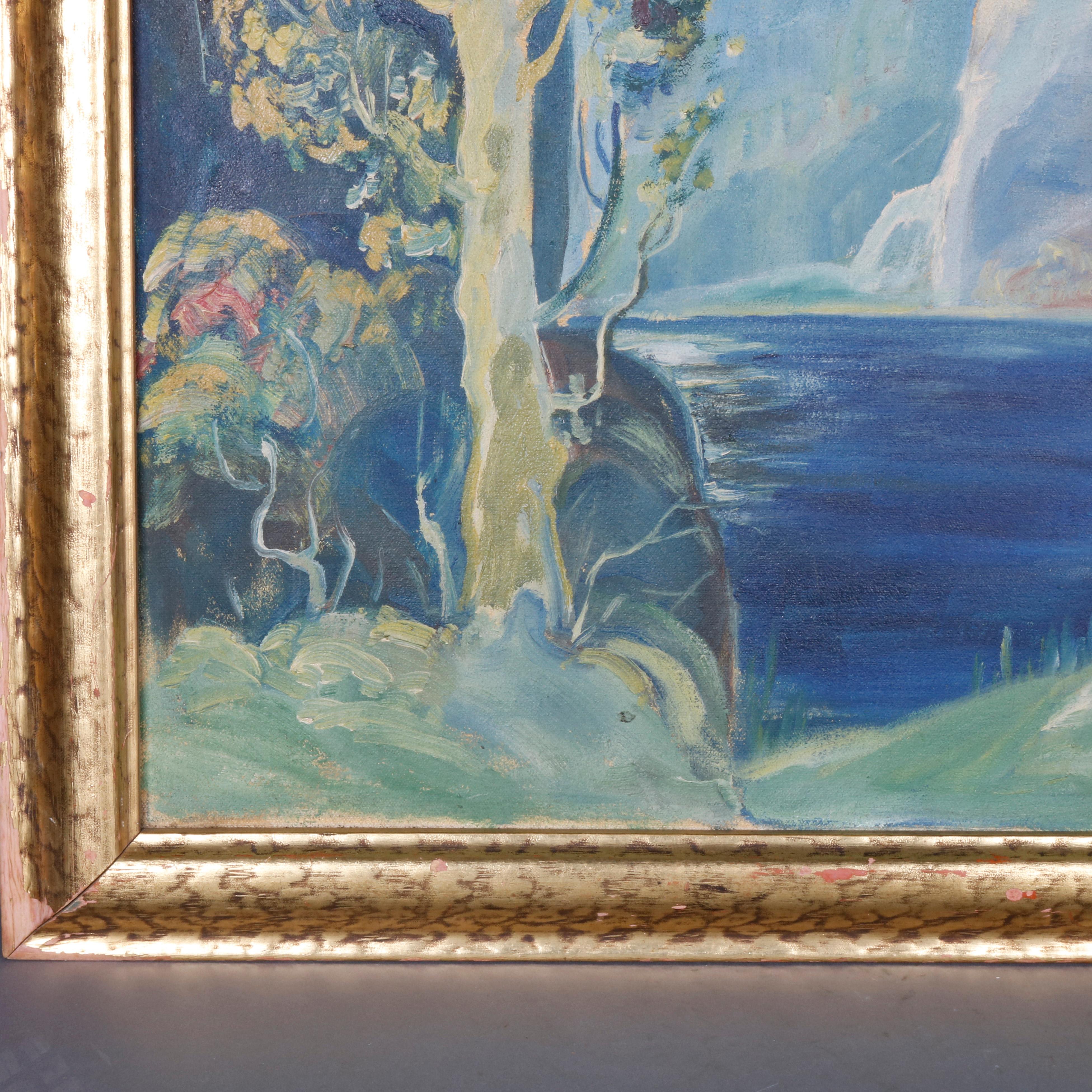 Hand-Painted Antique Arts & Crafts Impressionist Oil on Canvas Landscape Painting, circa 1930