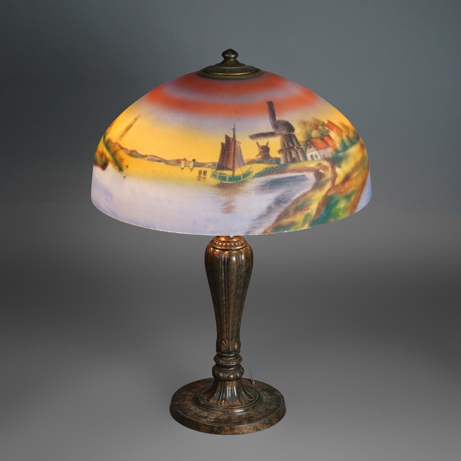 Metal Antique Arts & Crafts Jefferson Reverse Painted Table Lamp Circa 1920