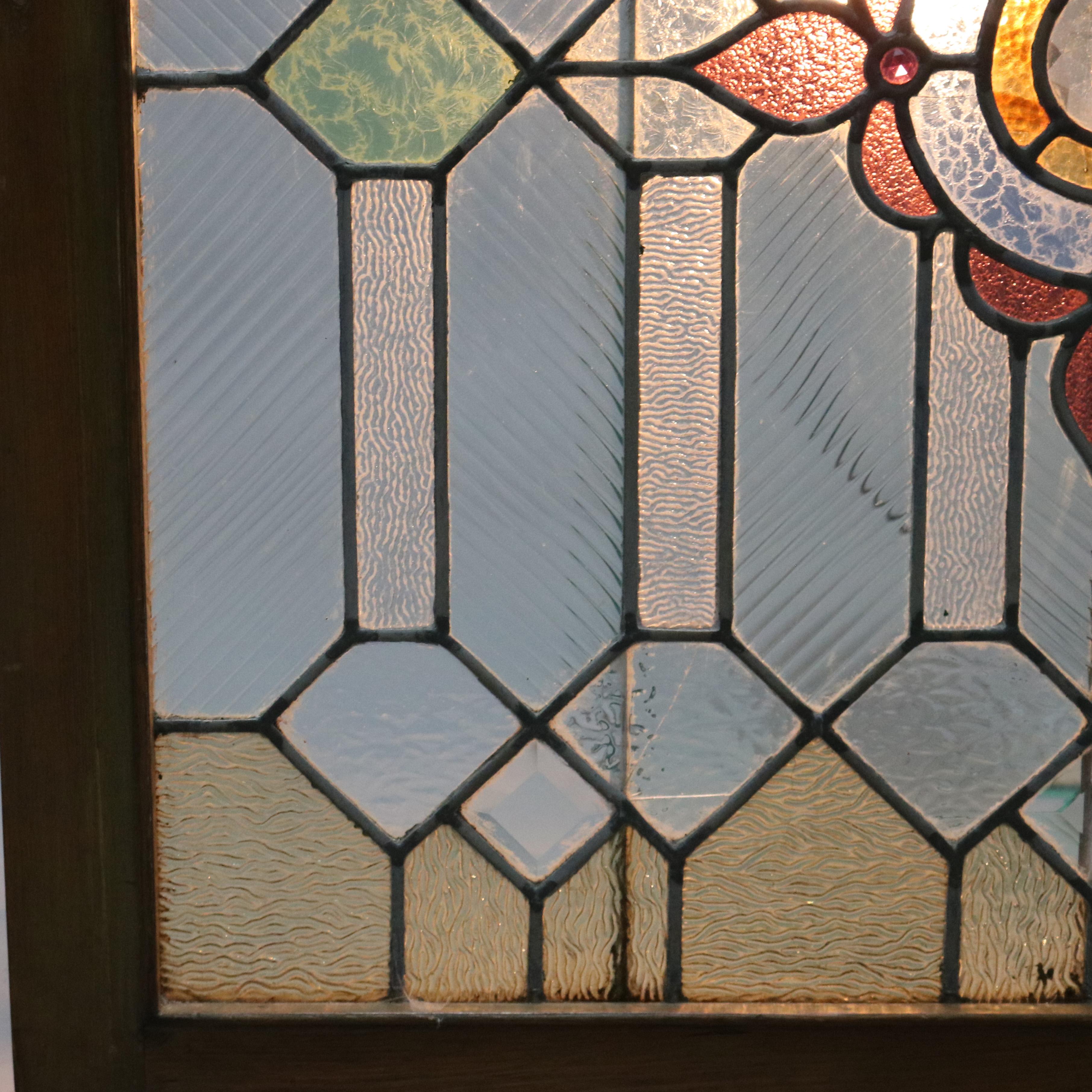 Antique Arts & Crafts Jeweled & Leaded Glass Window, Circa 1910 7