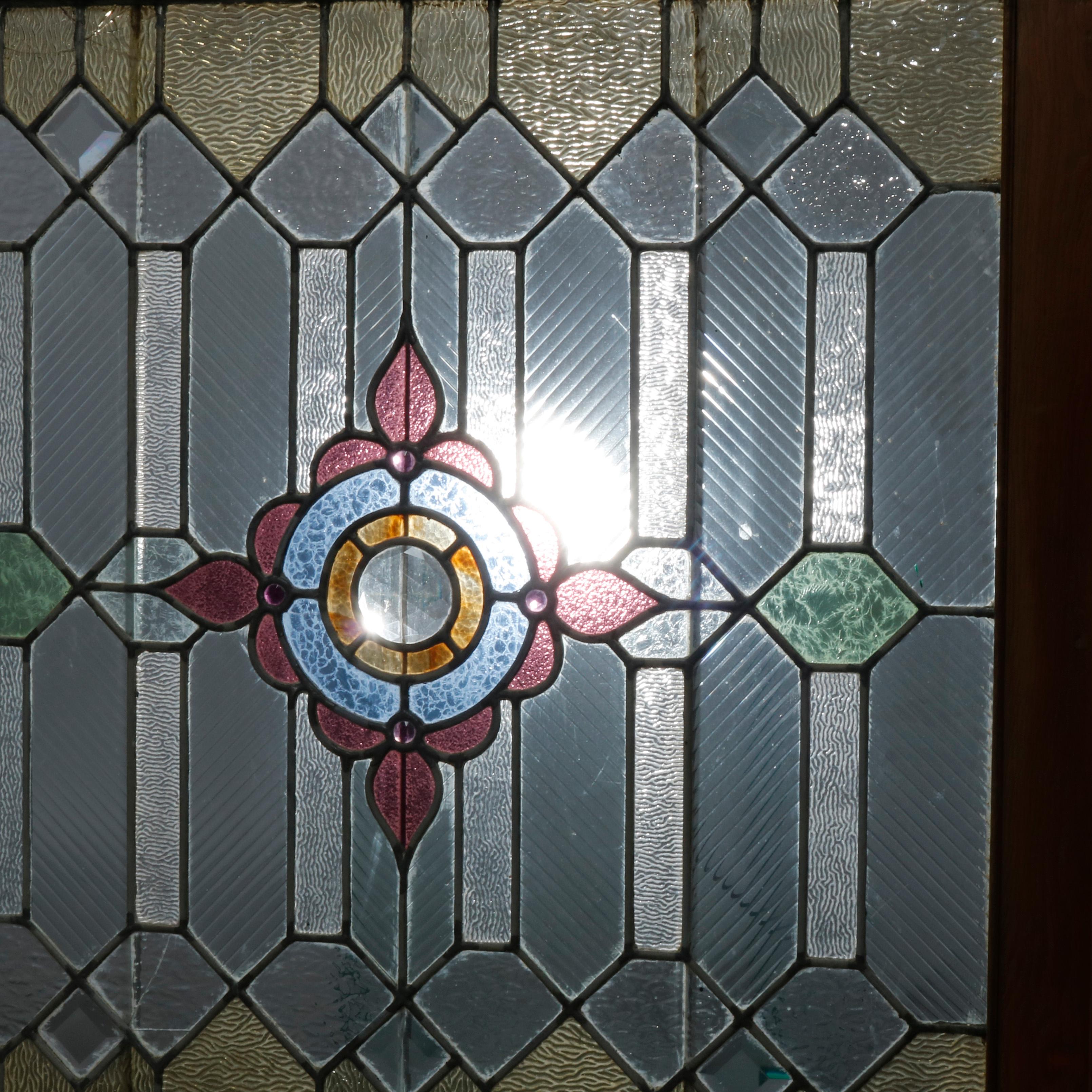 Carved Antique Arts & Crafts Jeweled & Leaded Glass Window, Circa 1910