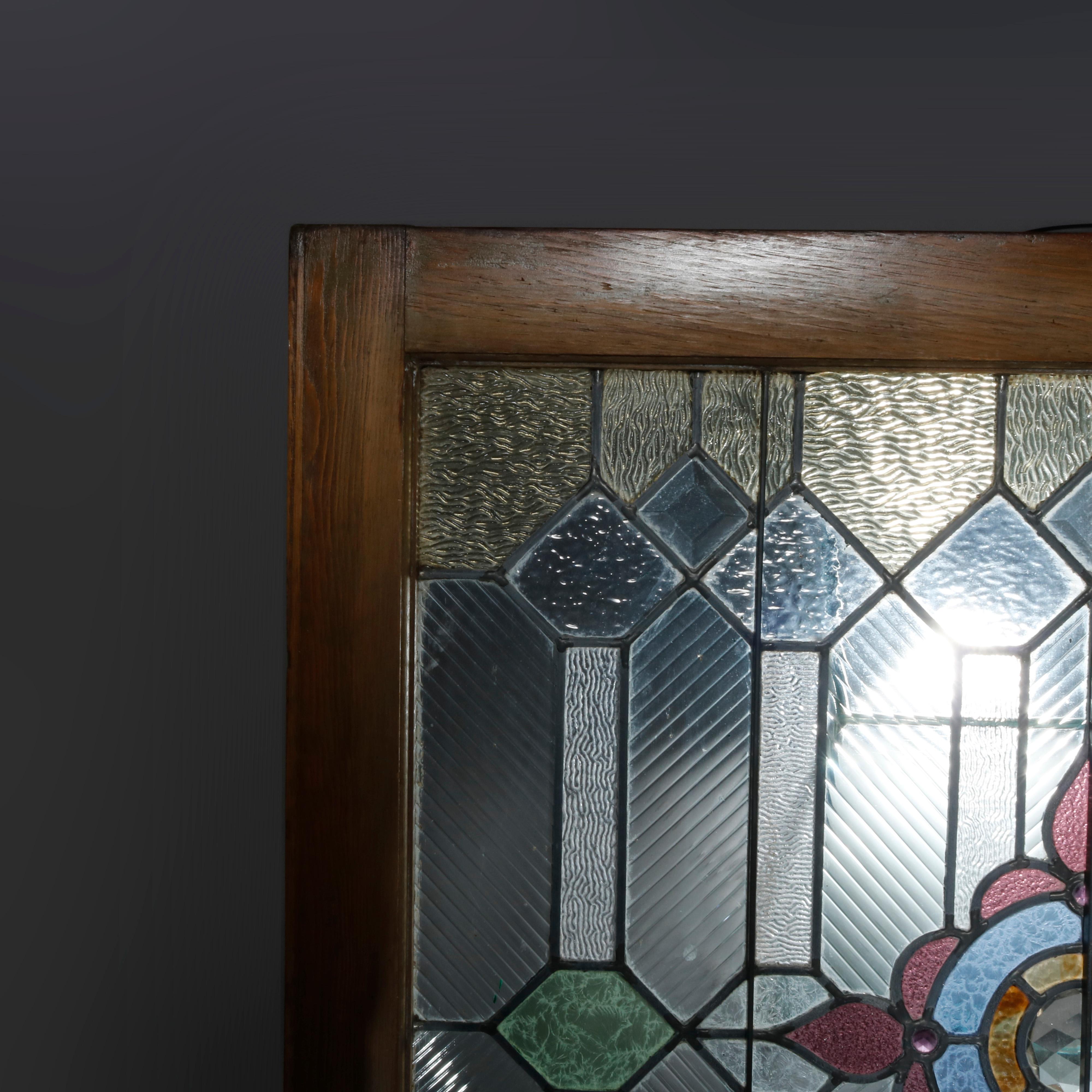 20th Century Antique Arts & Crafts Jeweled & Leaded Glass Window, Circa 1910