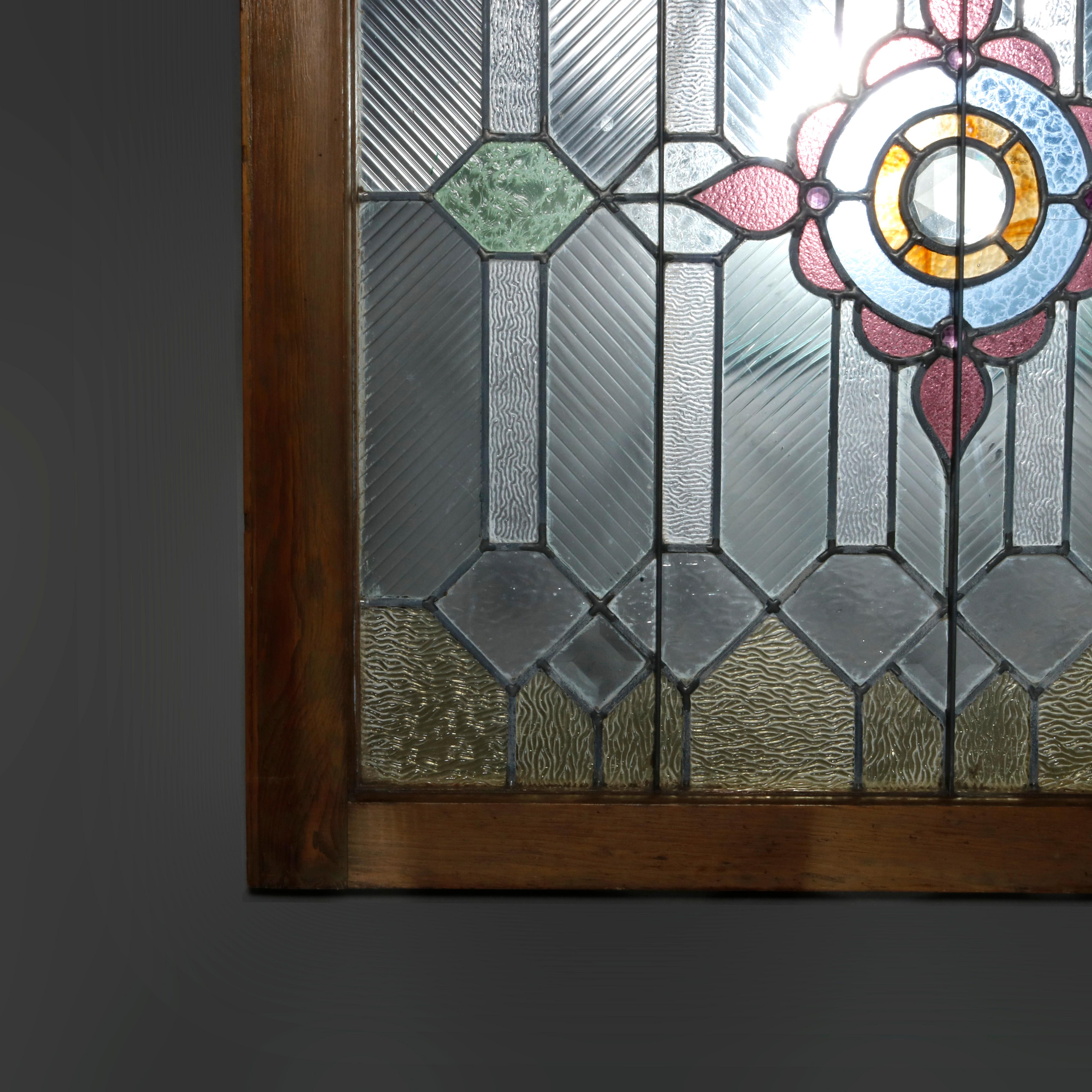 Antique Arts & Crafts Jeweled & Leaded Glass Window, Circa 1910 1