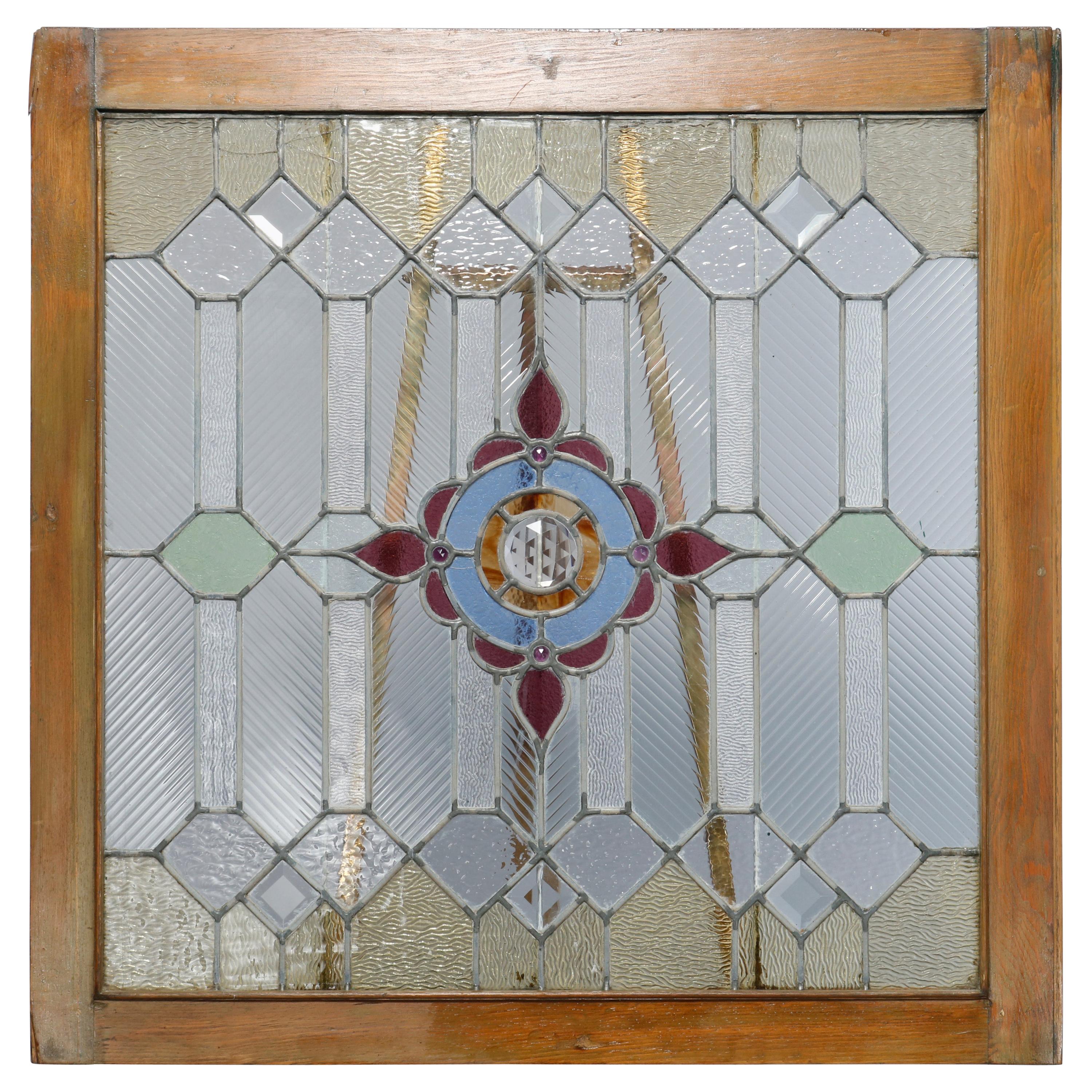 Antique Arts & Crafts Jeweled & Leaded Glass Window, Circa 1910