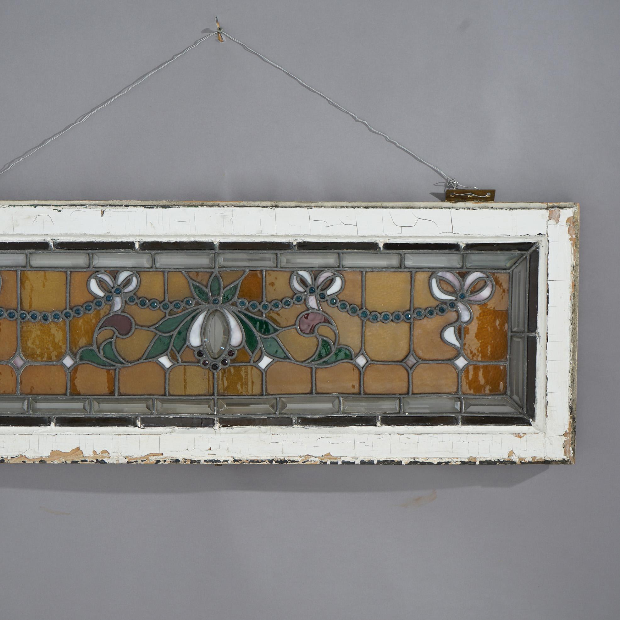 American Antique Arts & Crafts Jeweled & Leaded Stained Glass Window Circa 1910