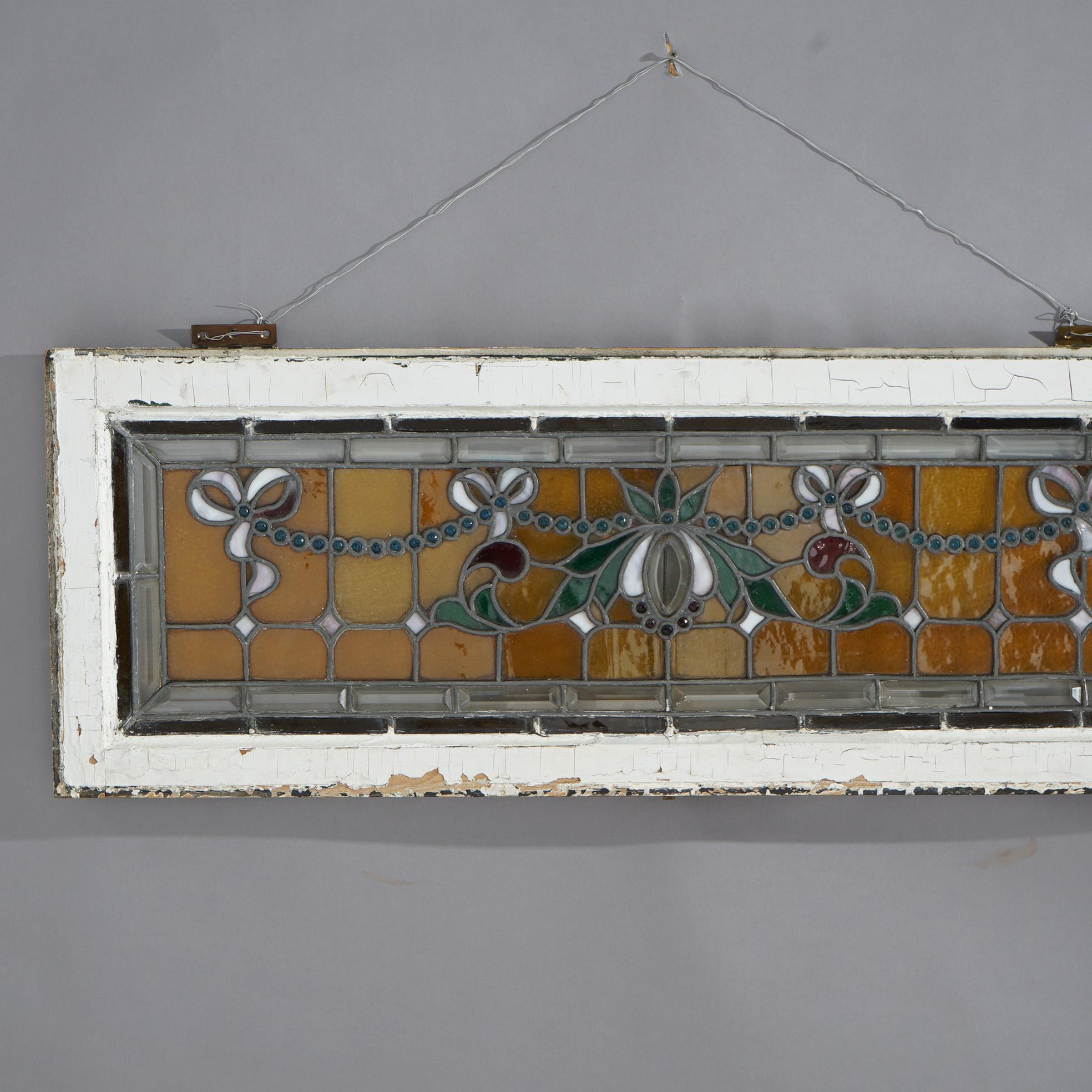 Antique Arts & Crafts Jeweled & Leaded Stained Glass Window Circa 1910 In Good Condition In Big Flats, NY