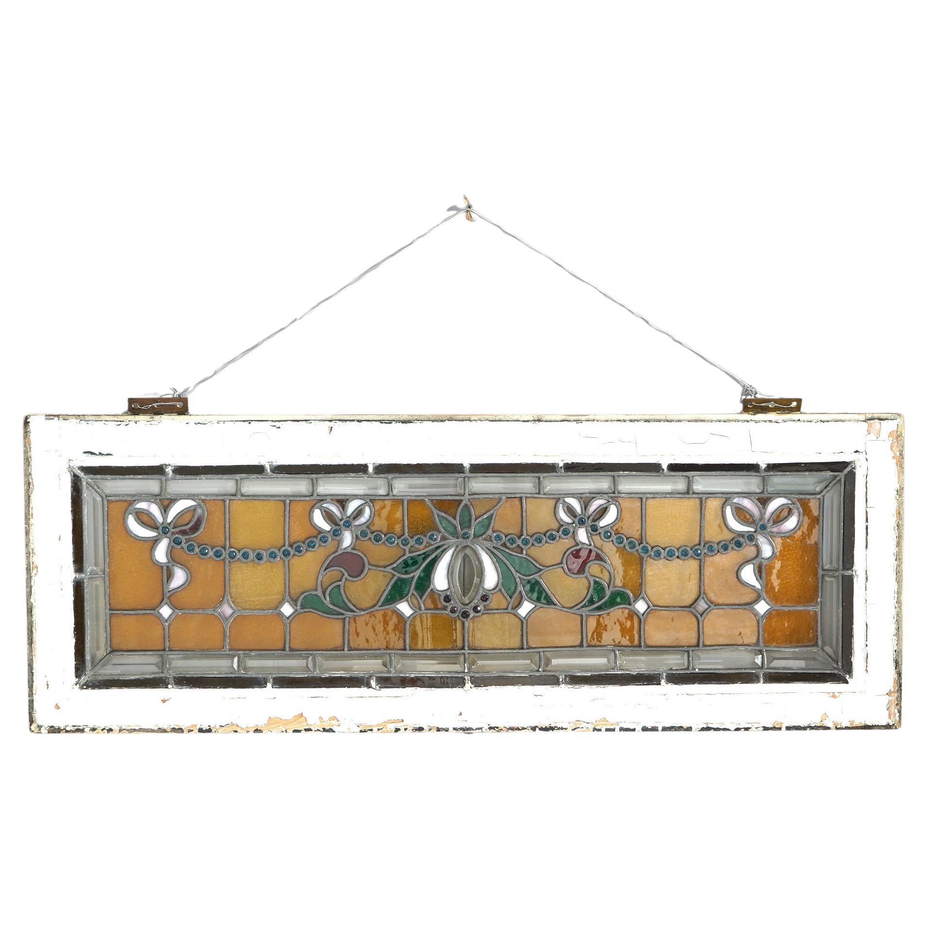 Antique Arts & Crafts Jeweled & Leaded Stained Glass Window Circa 1910