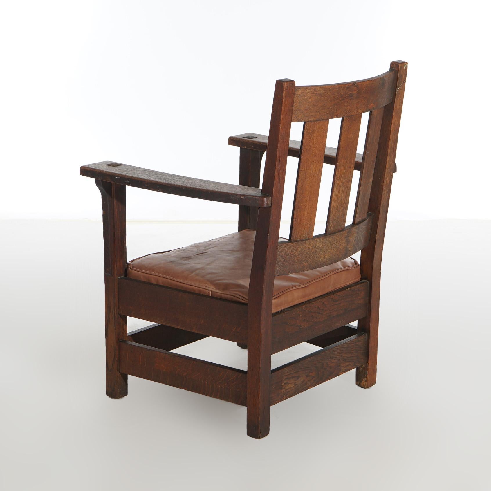 Antique Arts & Crafts Limbert Oak & Leather Armchair C1915 In Good Condition In Big Flats, NY
